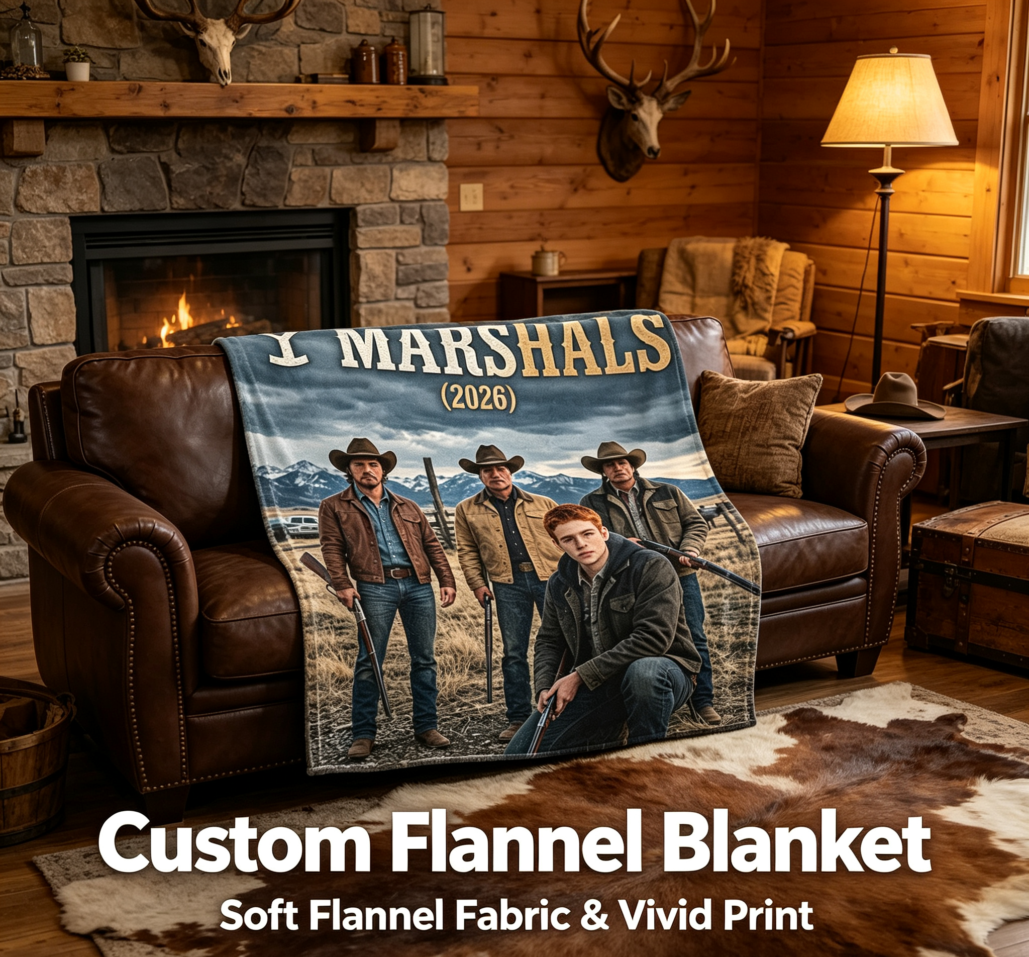 Custom Face Blanket Yellowstone Marshals Movie Inspired Flannel Blanket Cozy Western Theme Perfect for Home Decor or Gift Giving