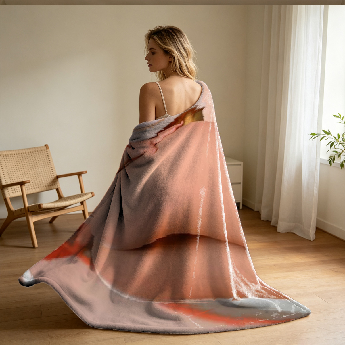 Emma Watson in white lingerie on orange couch. - Blanket