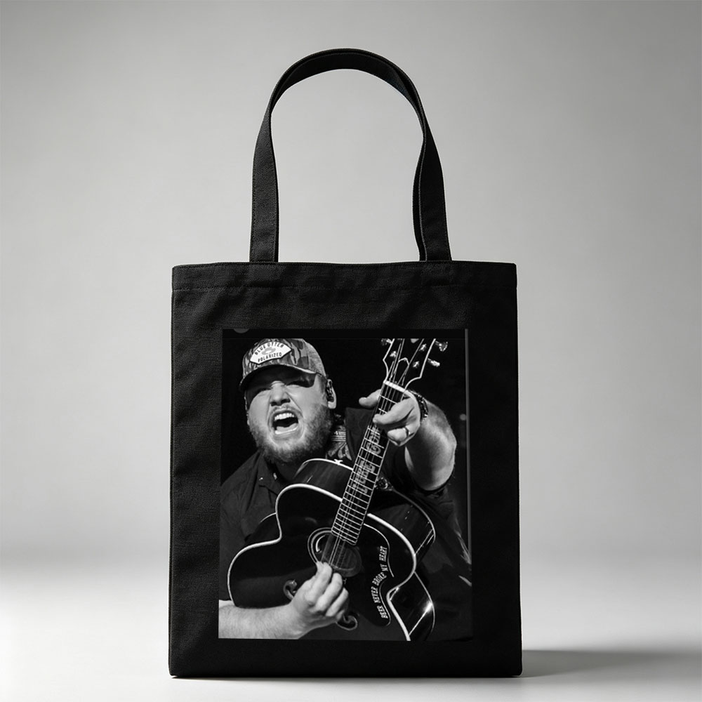 Luke Combs Performing with Acoustic Guitar in Black and White Photo - Canvas tote bags