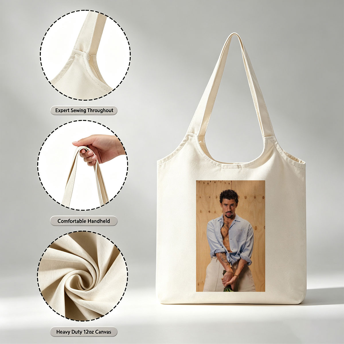 Bad Bunny in a Casual Pose Wearing an Open Light Blue Shirt and Beige Pants Against a Wooden Background - Canvas shoulder bags/