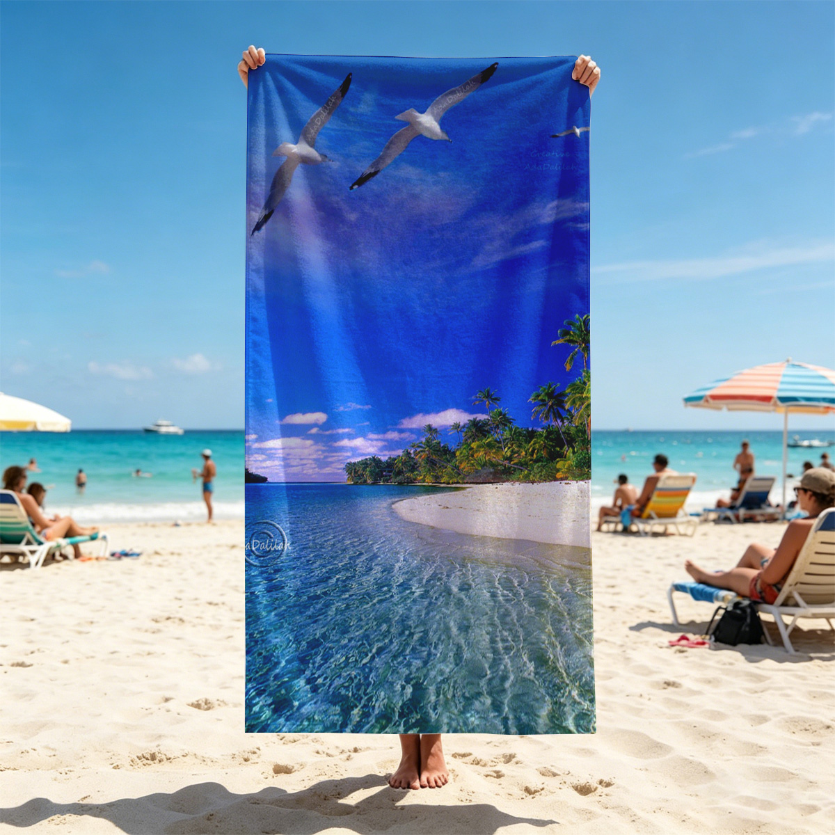 Seagulls soar over a pristine tropical beach with crystal-clear waters and palm trees under a vibrant blue sky. - Beach towels