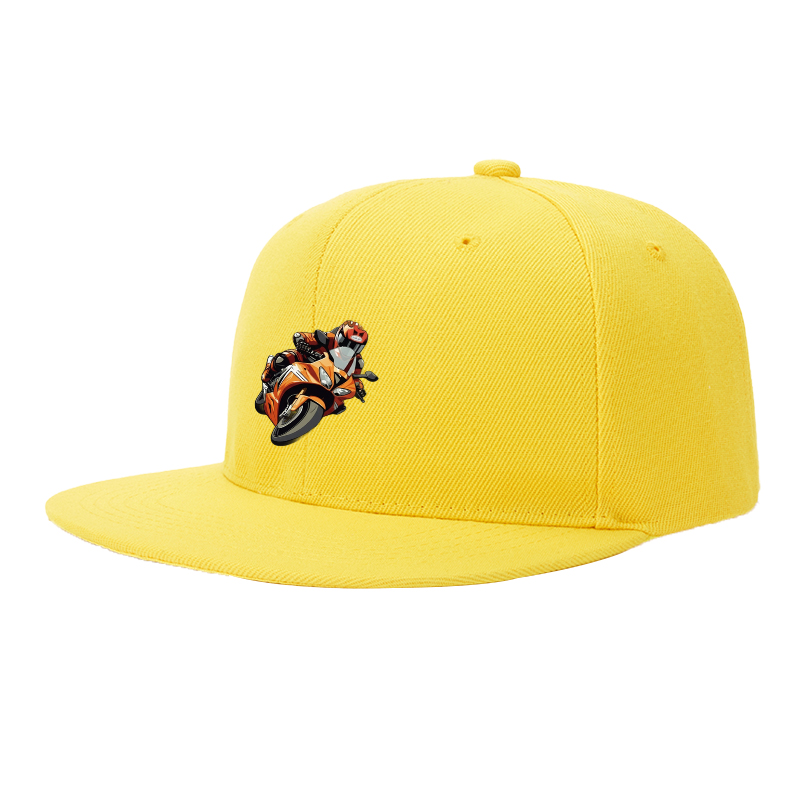 Flat Brim Baseball Cap Orange Motorcycle Rider Graphic Streetwear Underground Skate Style for Bike Track Urban Riders and Moto Enthusiasts