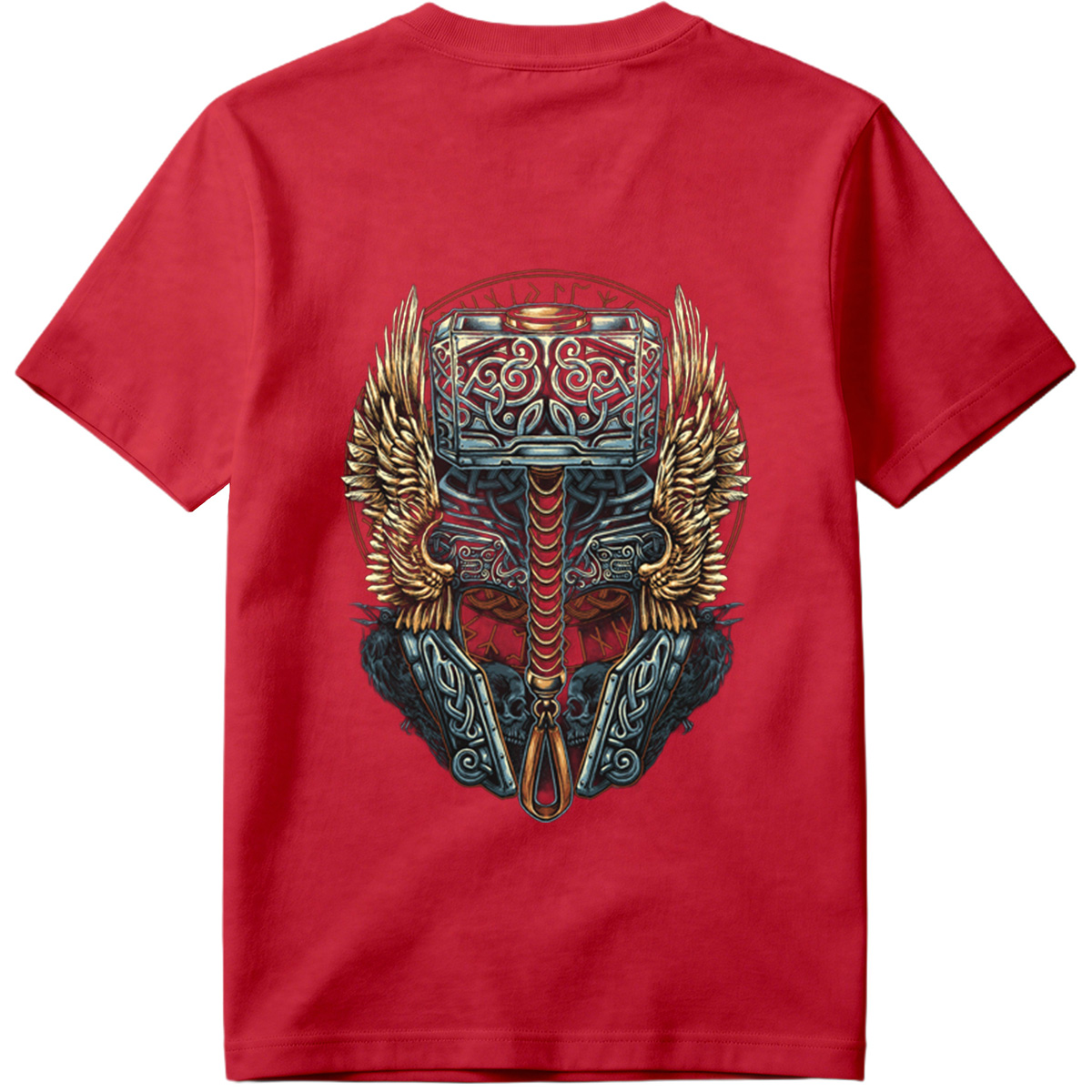 Thor's Hammer Mjolnir with Norse Symbols and Wings - Tee