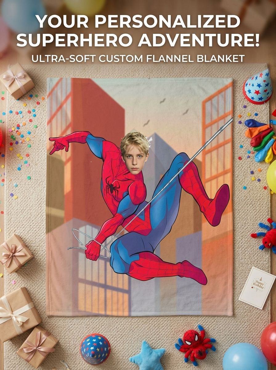 Custom Superhero Face Photo Blanket Soft Flannel Fleece Throw Lightweight Bedding Personalized Gift for Kids Adults