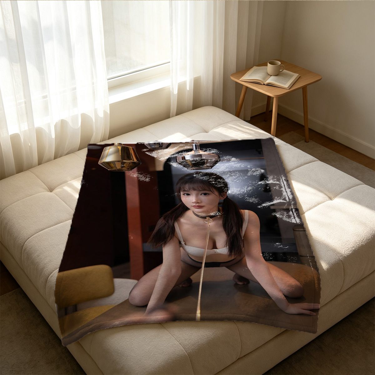 Maid in Shiny Black Latex and Stockings Sitting on Office Chair - Blanket