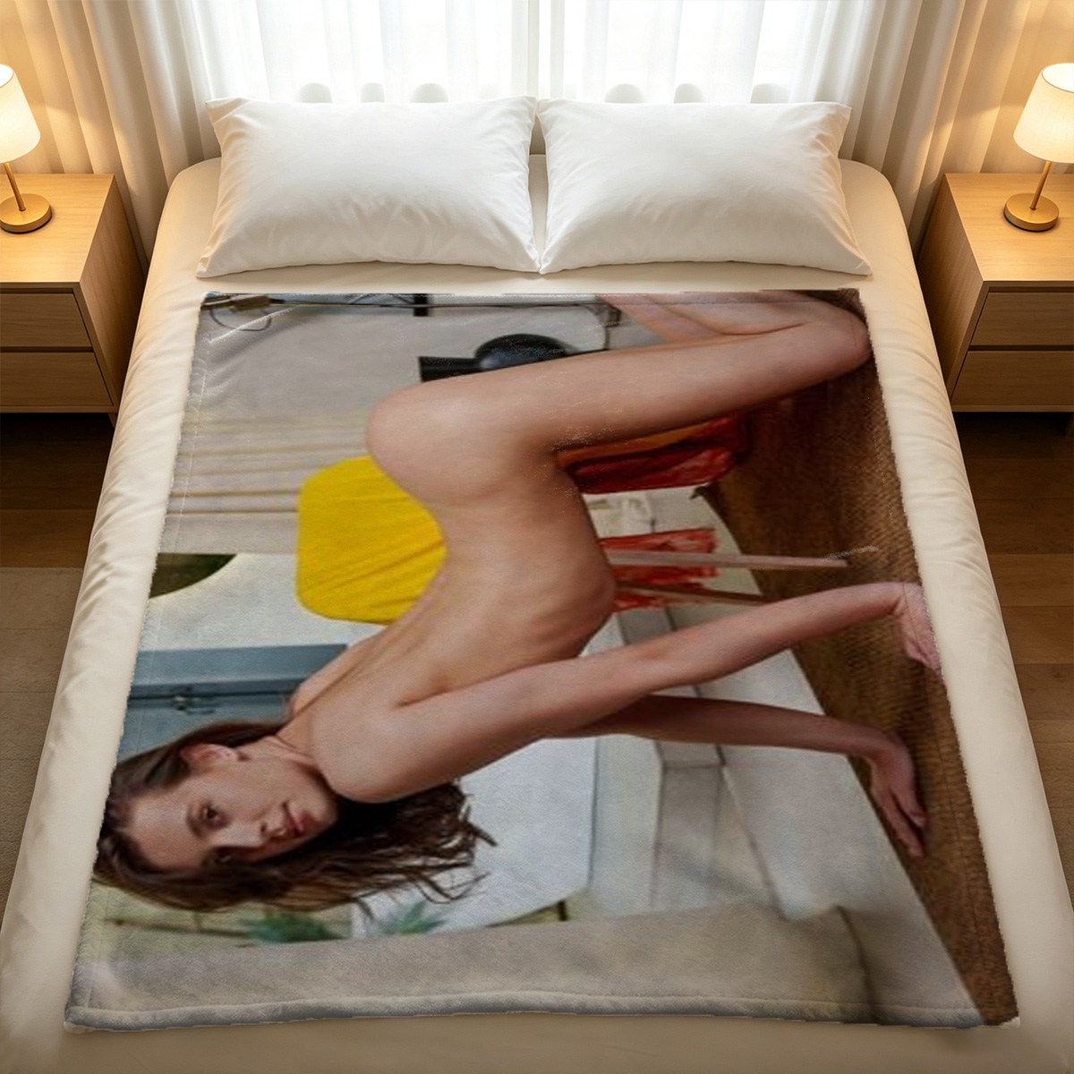 A young Asian woman in a blue halter bikini posing on a wooden balcony. - Blanket