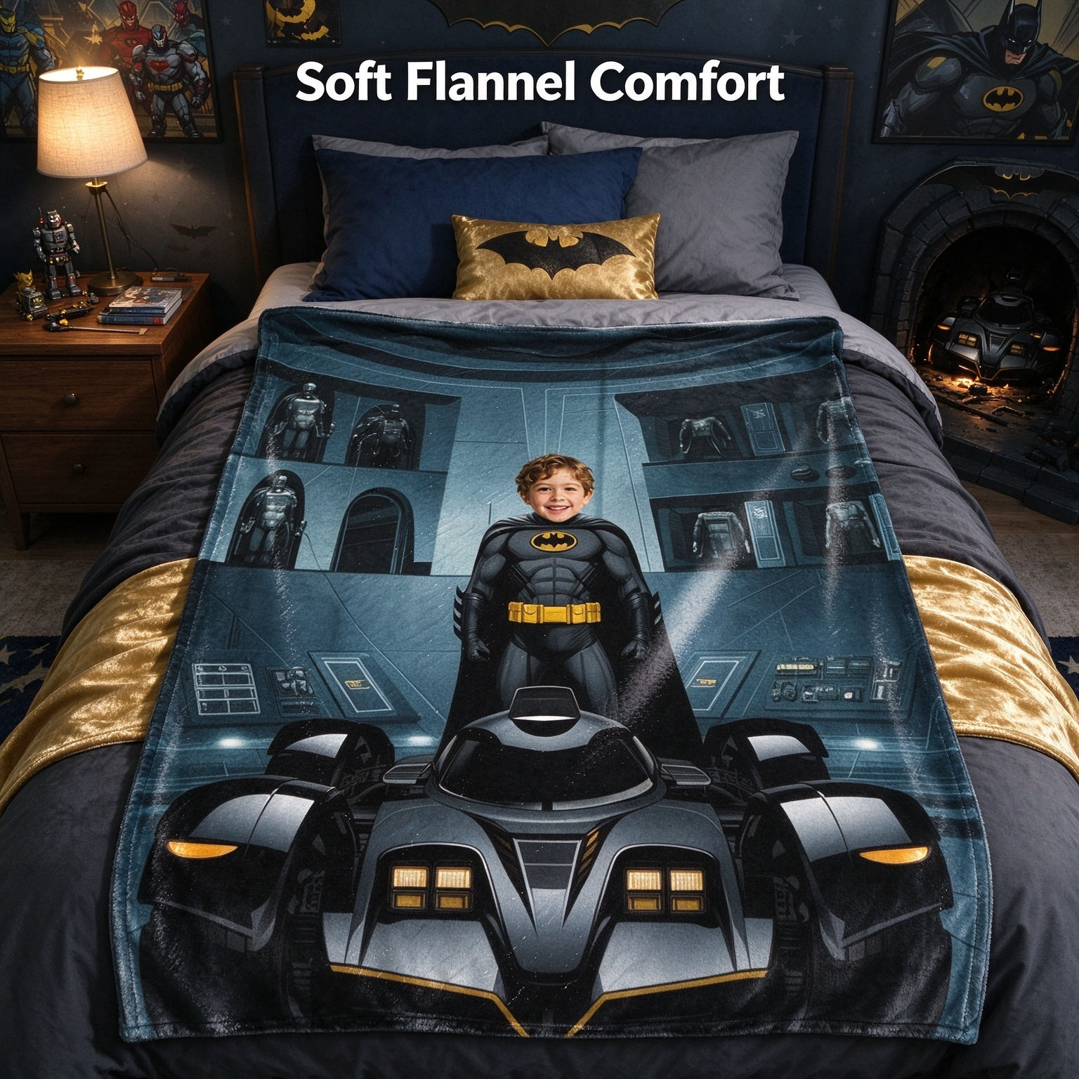 Custom Face Superhero Flannel Fleece Blanket Personalized Photo Throw Cozy Warm Velvet Plush Keepsake Gift for Kids