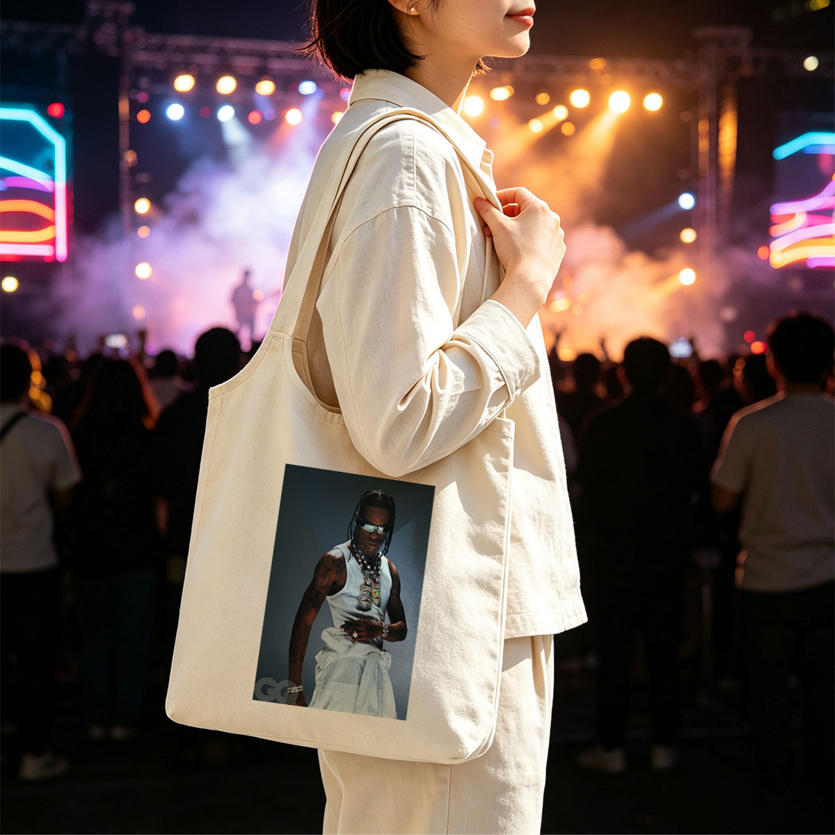 Travis Scott in a Fashion Editorial Pose Wearing a White Tank Top and Statement Jewelry for GQ - Canvas shoulder bags/