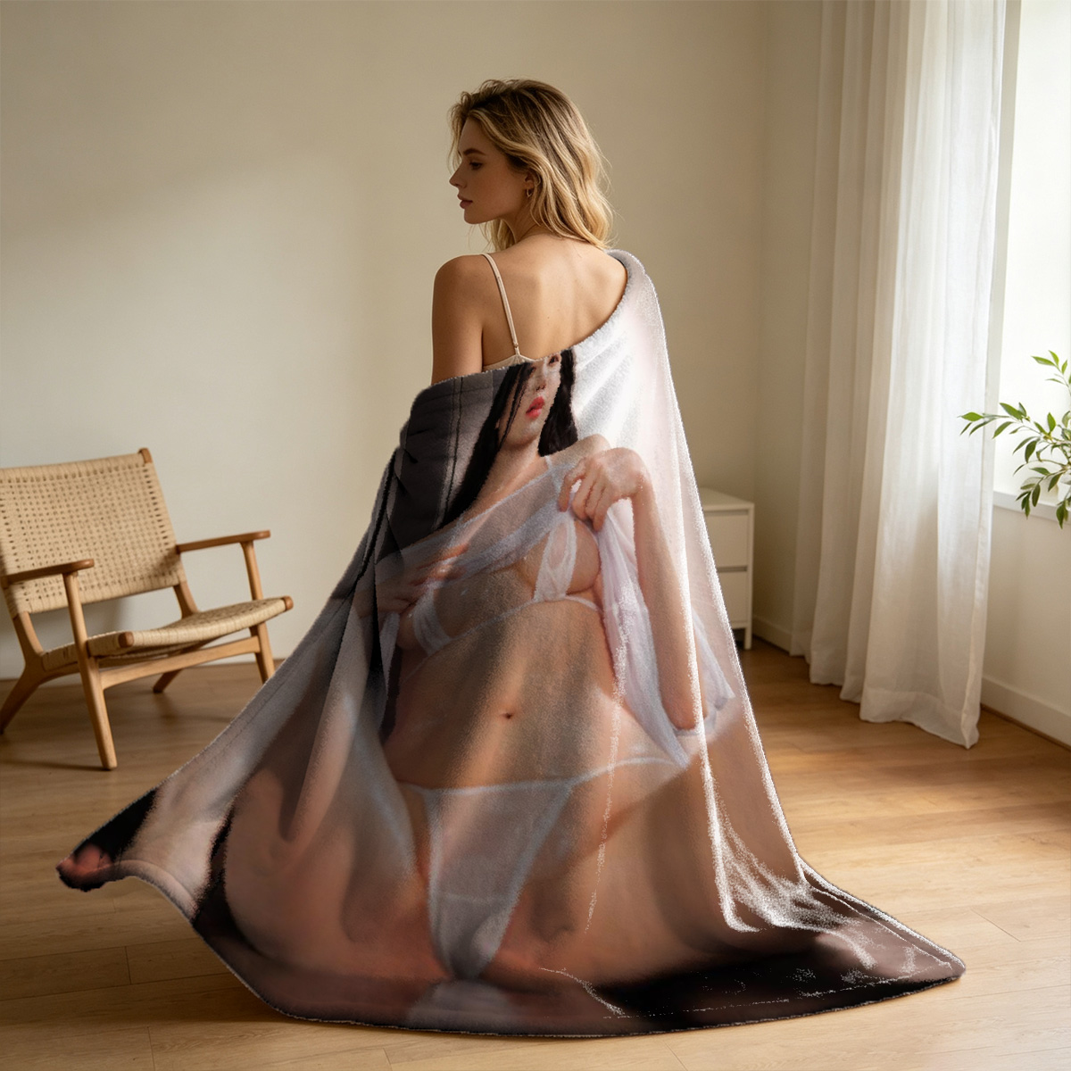 A woman in black lingerie and stockings kneeling on a luxury hotel bed. - Blanket