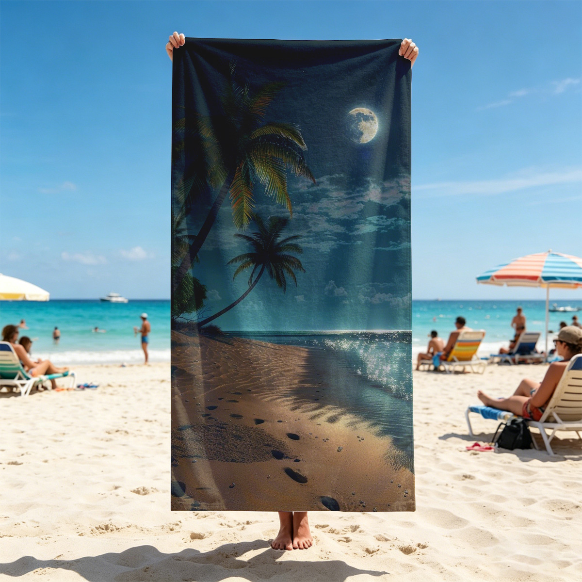 Moonlit Tropical Beach with Palm Trees and Shimmering Water - Beach towels