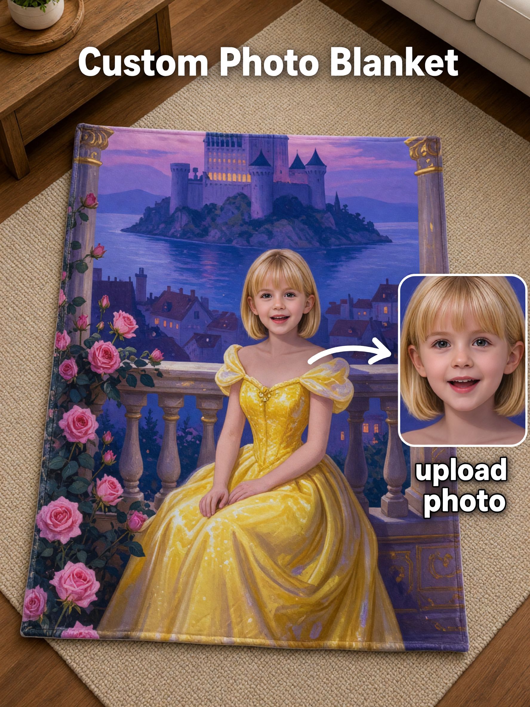 Personalized Face Photo Blanket Custom Fairytale Princess Flannel Throw Ideal Personalized Gift for Girls and Family