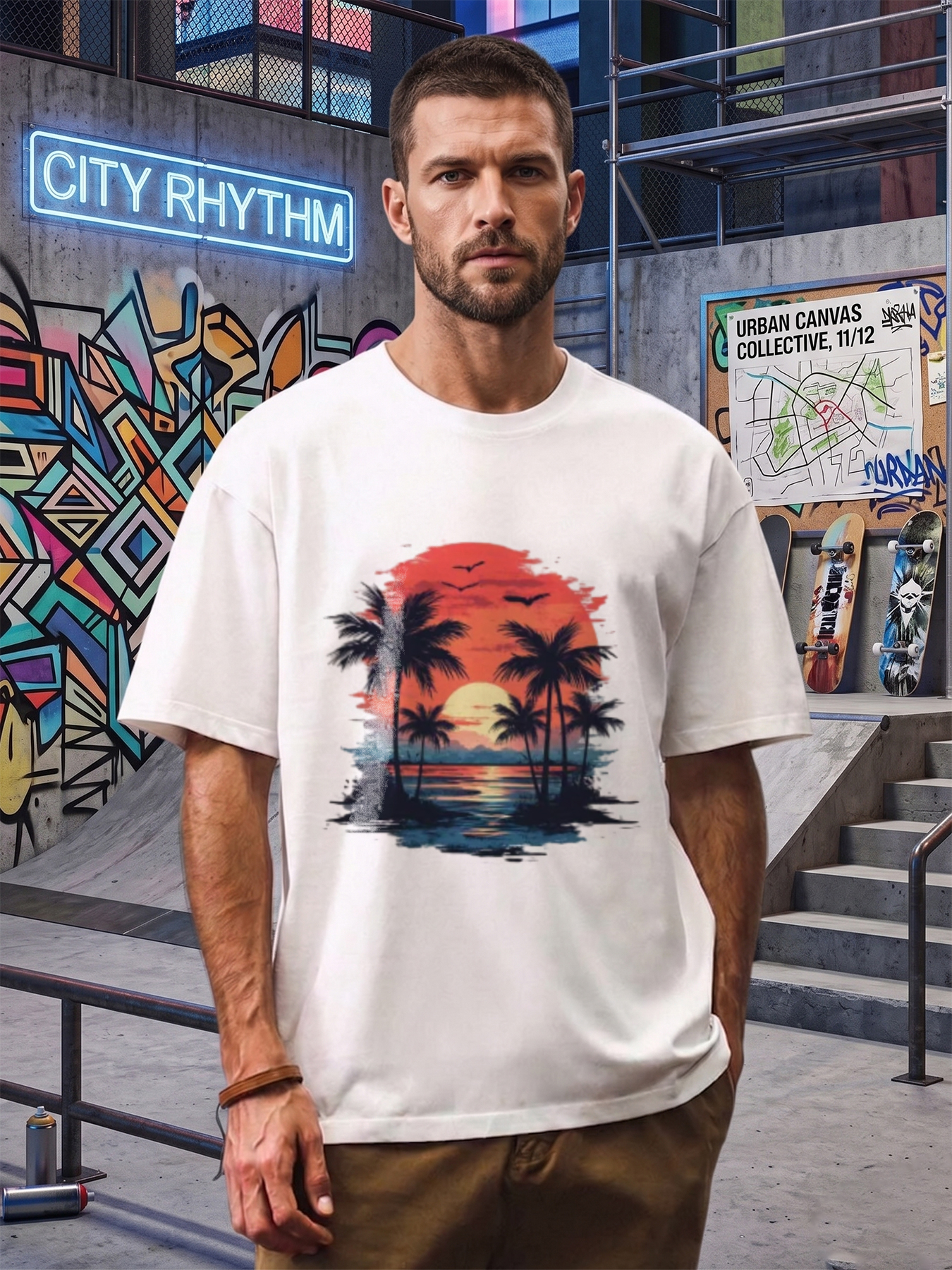 Men's Printed T-Shirt Tropical Sunset Palm Trees Design Casual Round Neck Summer Lightweight Breathable Short Sleeve T-Shirt for Beach Vacation Outdoor Activities Men