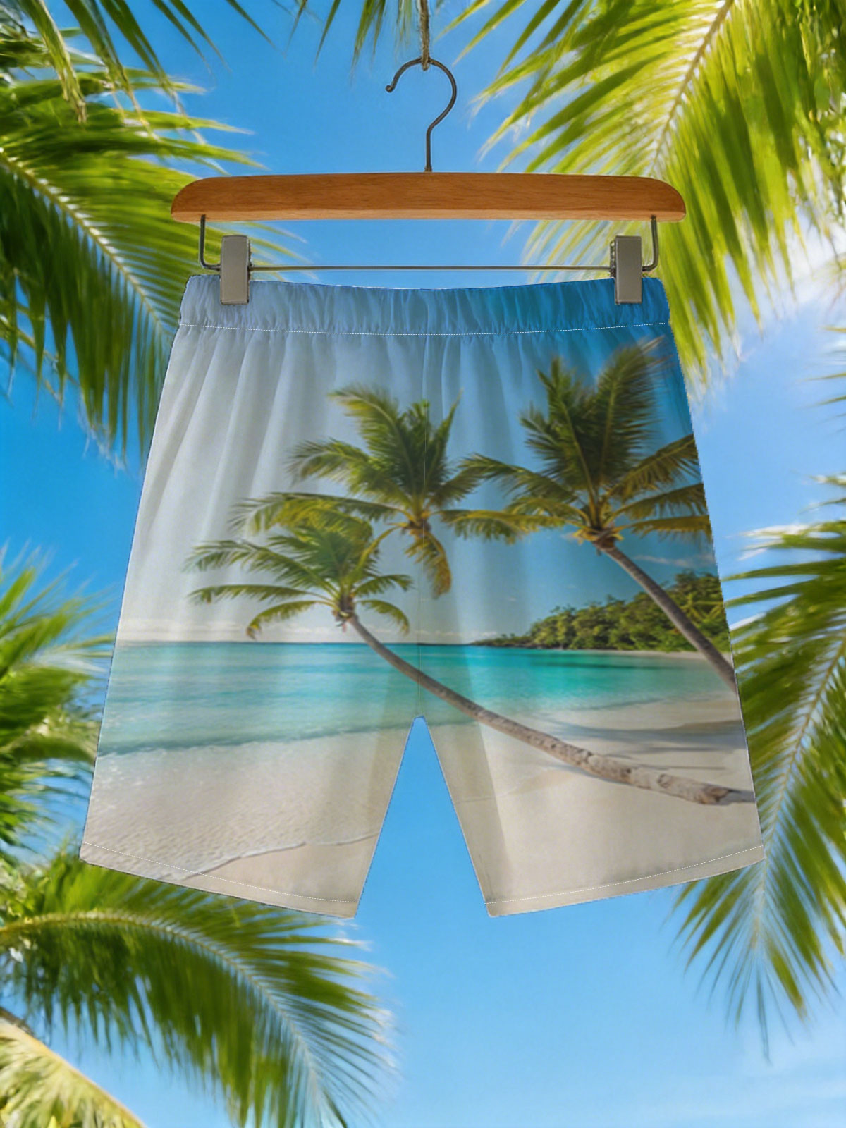 Tropical Beach with Palm Trees and Crystal Clear Water -  Beach shorts
