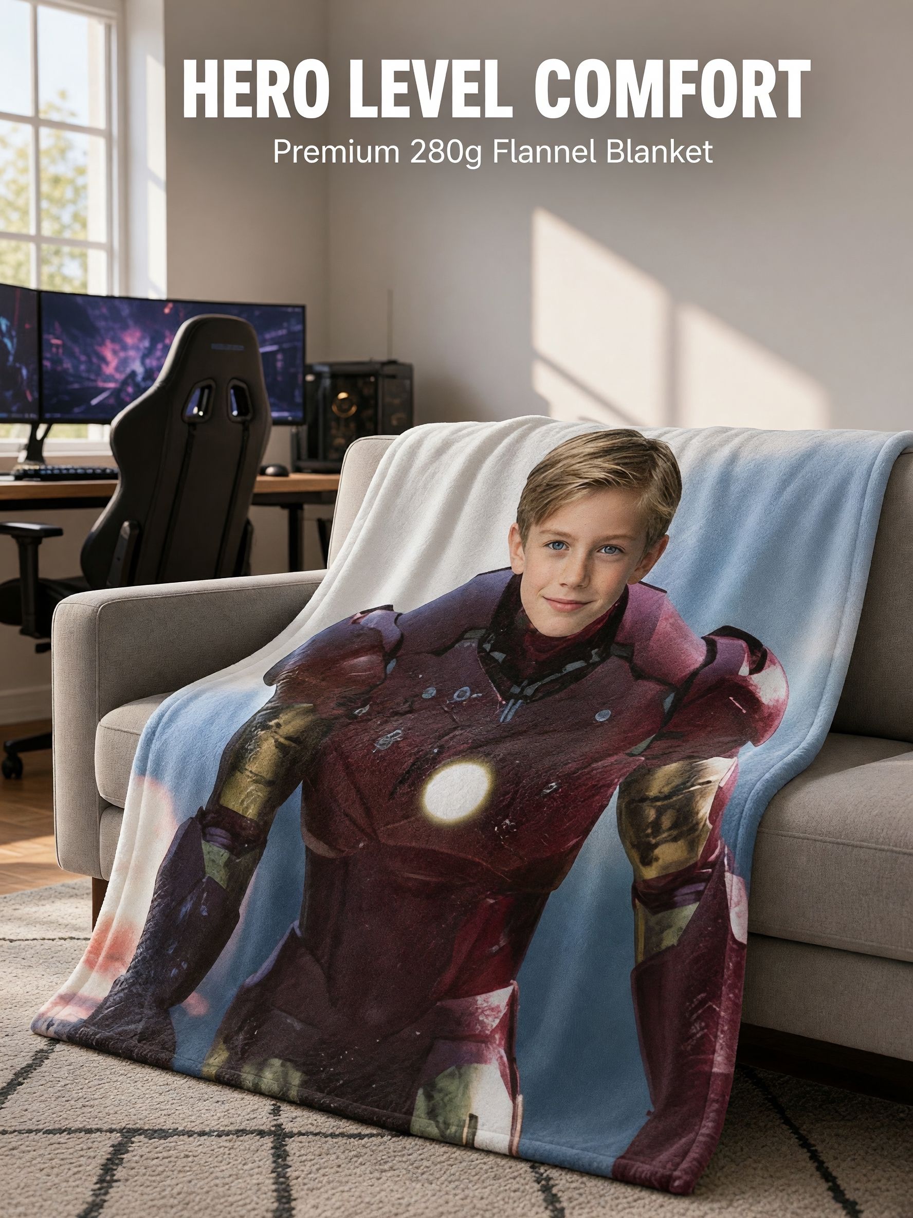 Custom Superhero Face Photo Blanket Personalized Ultra Soft Flannel Throw Anti-Pilling Cozy Warmth Gift for Couch Bed