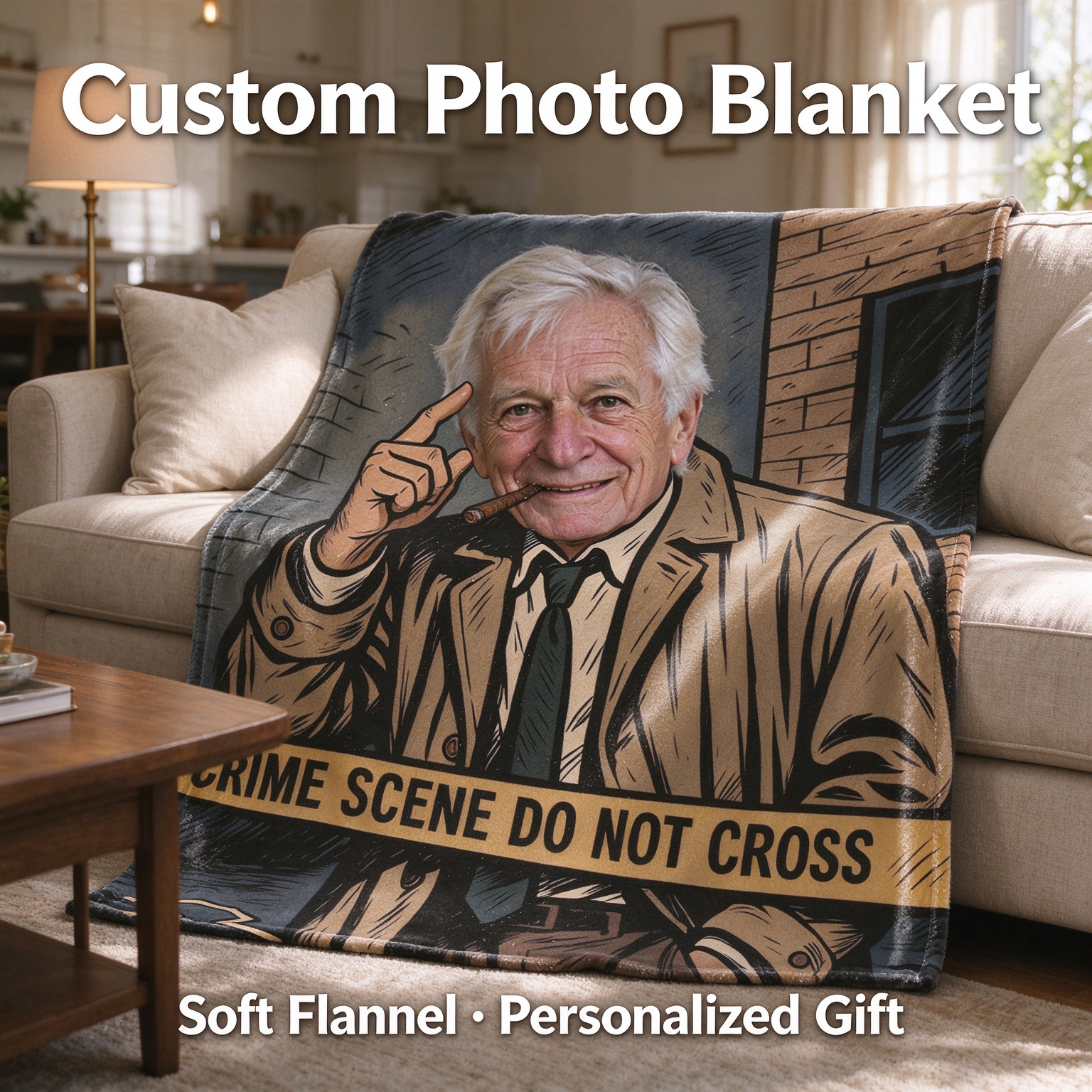 Personalized Custom Face Blanket Novelty Detective Portrait Soft Warm Flannel Fleece Throw Cozy Gift for Men and Women