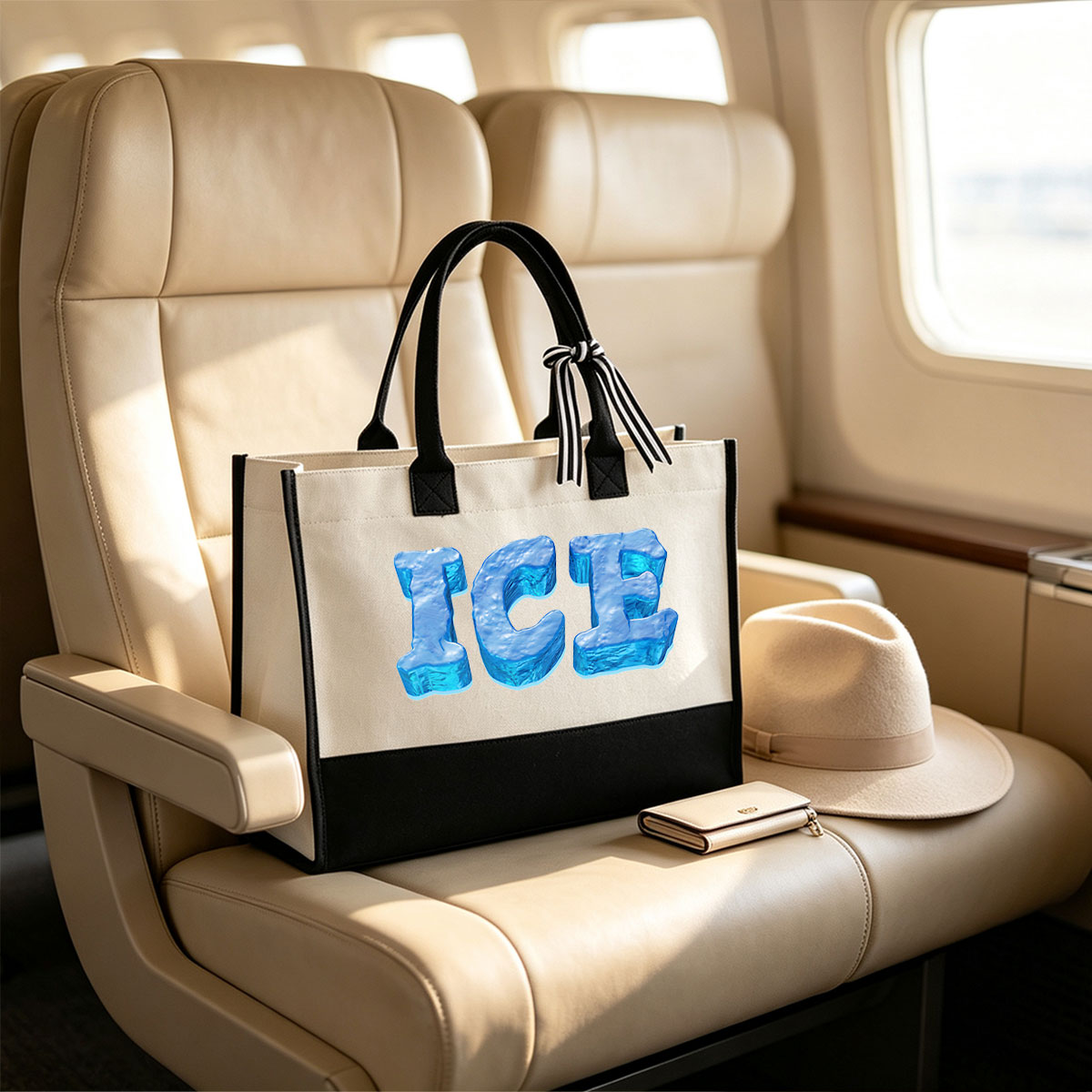 ICE in Frozen Blue Text - Canvas patchwork gift tote bag