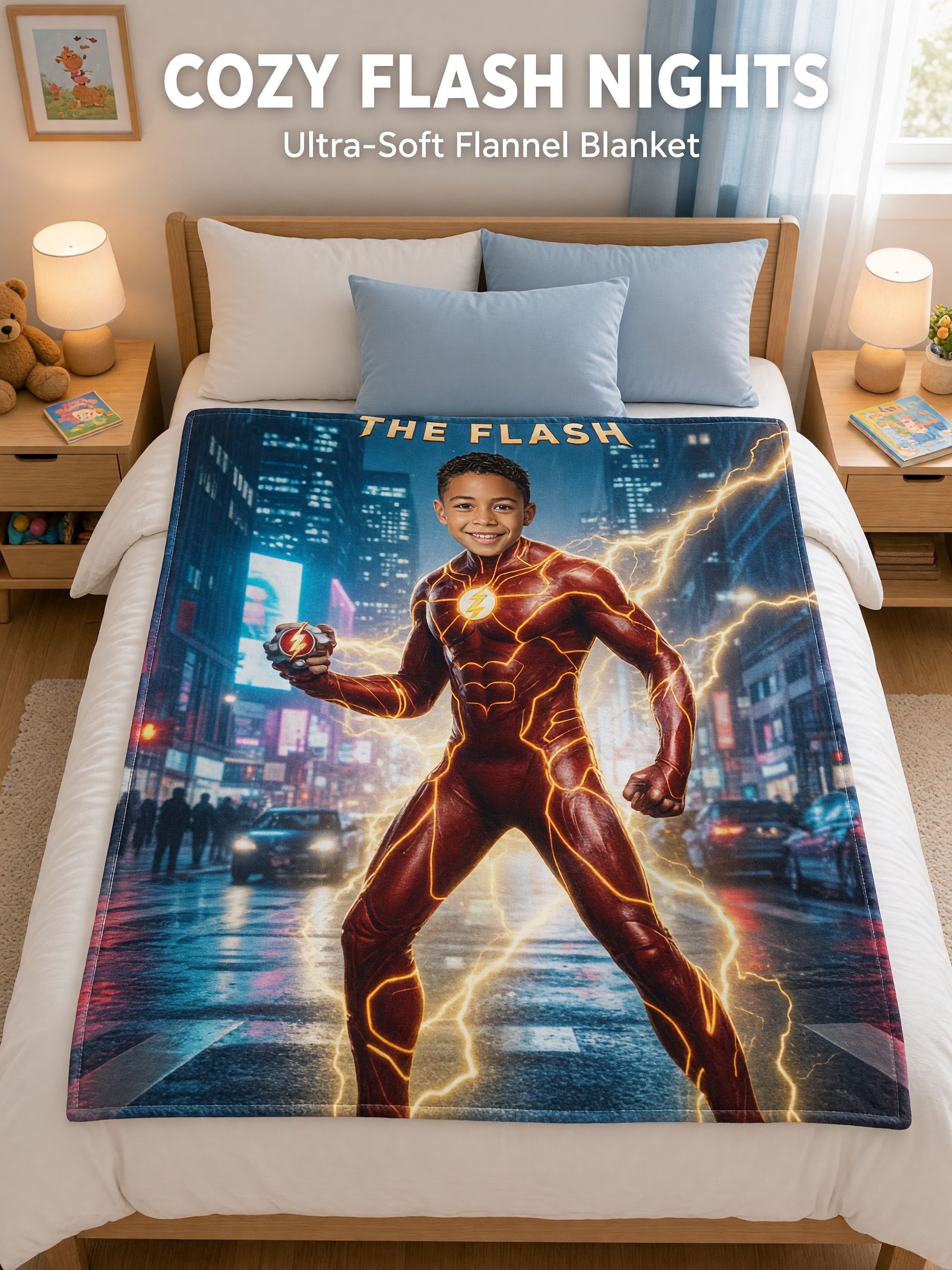Custom Face Superhero Flannel Blanket, Personalized Photo Soft Warm Throw Blanket for Couch Bed, Ideal Personalized Gift