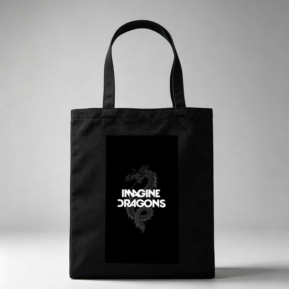 Imagine Dragons Band Logo with Dragon Art on Black Background - Canvas tote bags