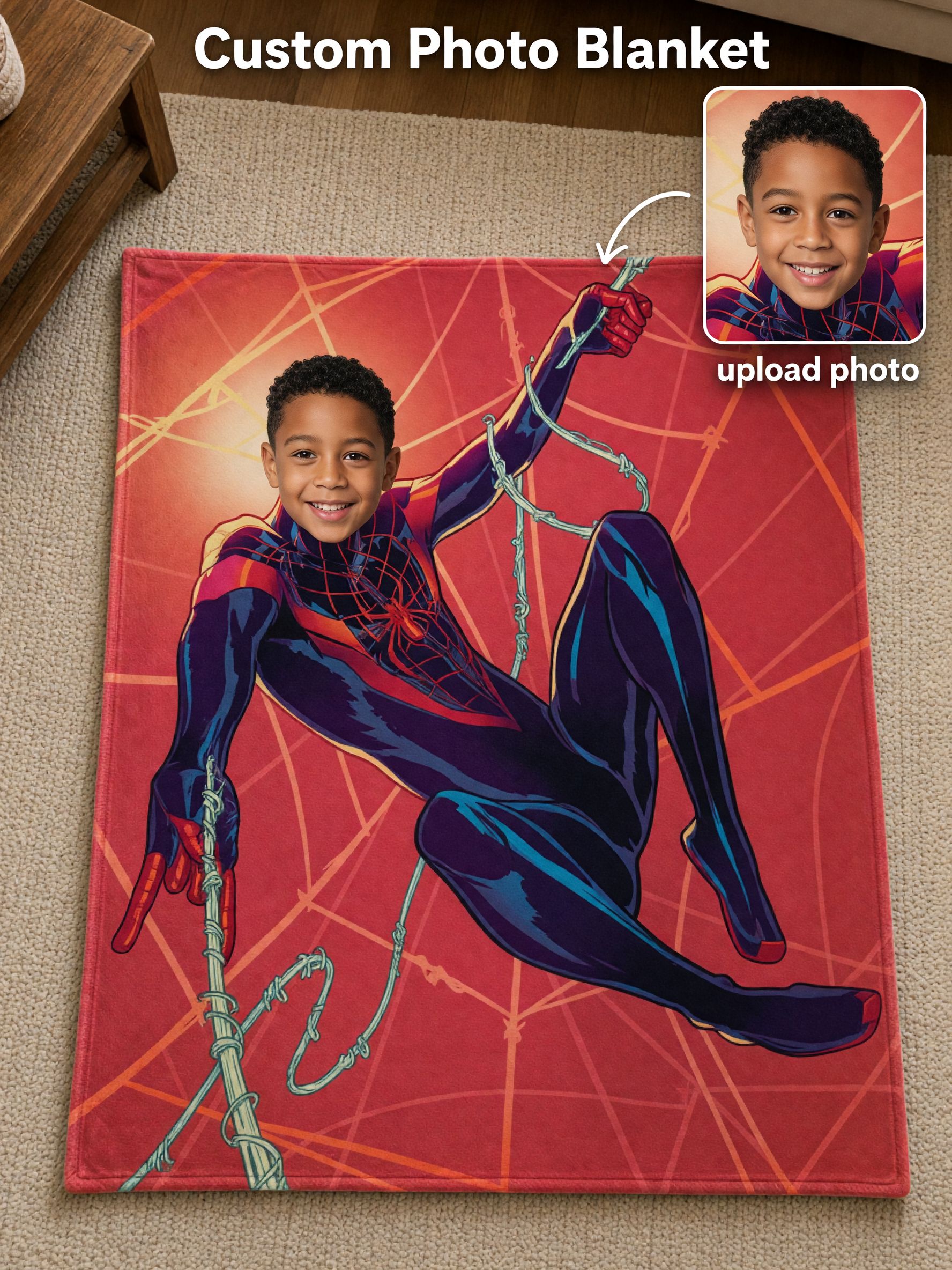 Custom Photo Superhero Flannel Fleece Blanket Personalized Face Portrait Throw for Kids Bedroom and Couch Cozy Gift