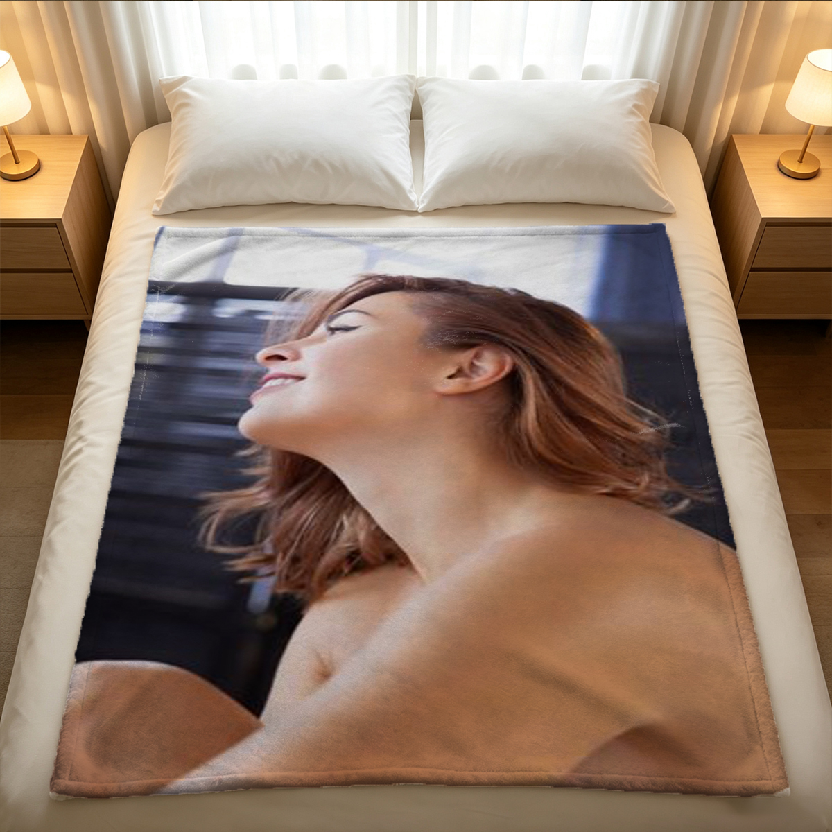 Nude Scarlett Johansson on Wicker Sofa with Silk Draped Around Legs - Blanket