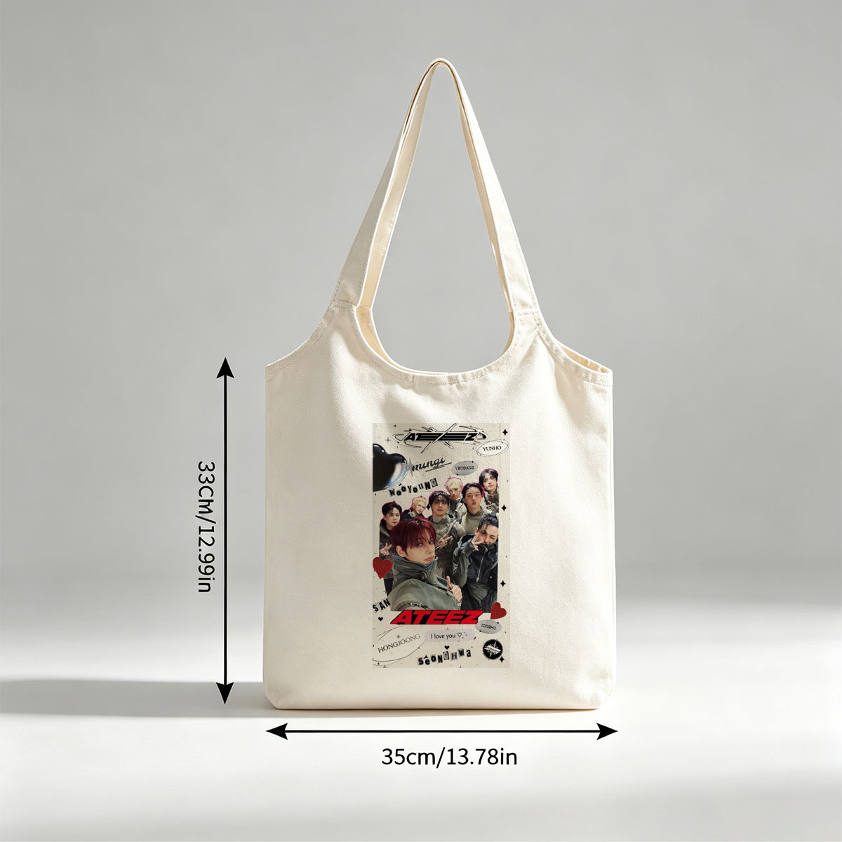 ATEEZ Group Photo Featuring Members in Stylish Outfits with Heart and Name Decorations - Canvas shoulder bags/