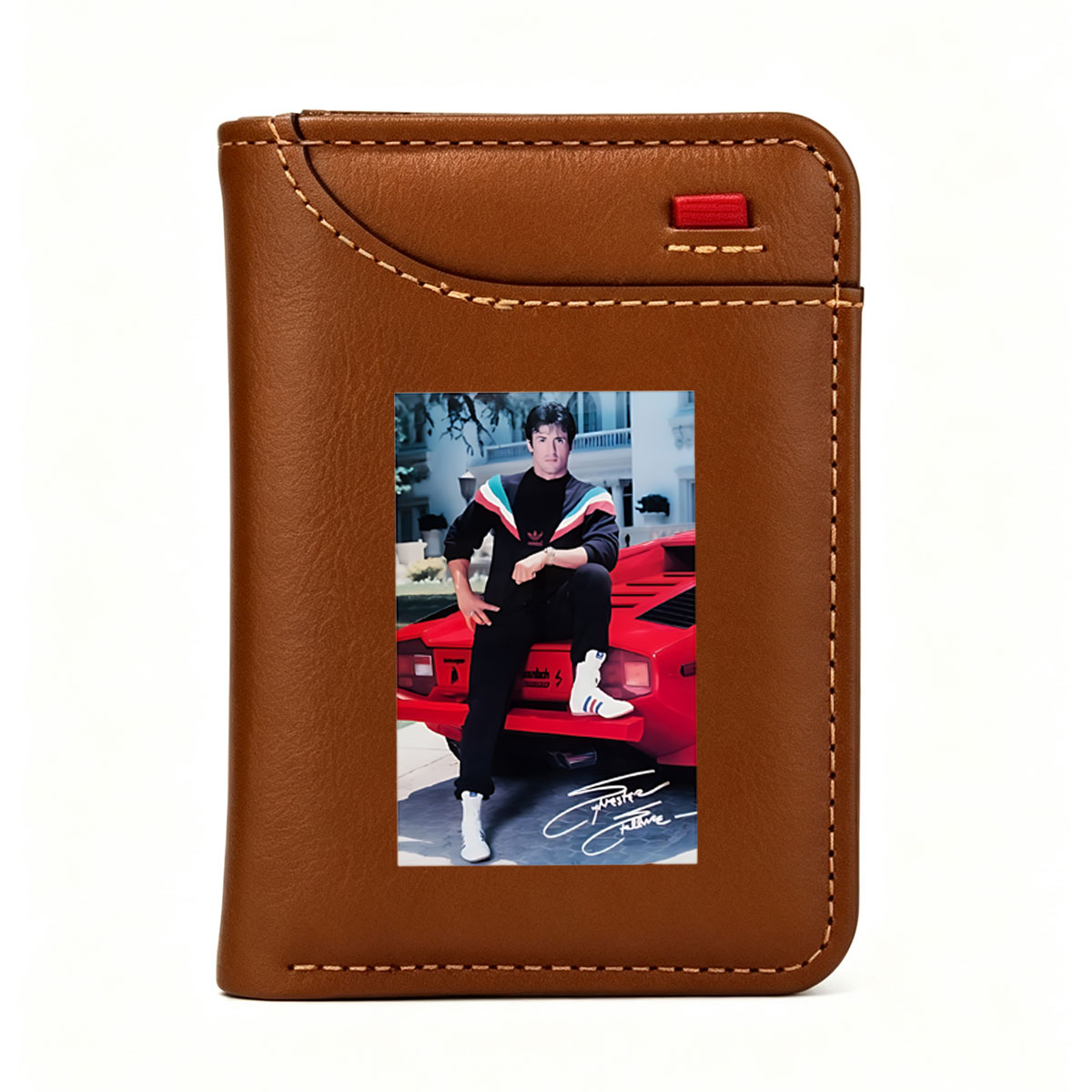 Sylvester Stallone in 80s Fashion, Sitting on a Red Car - Vertical Style Wallet