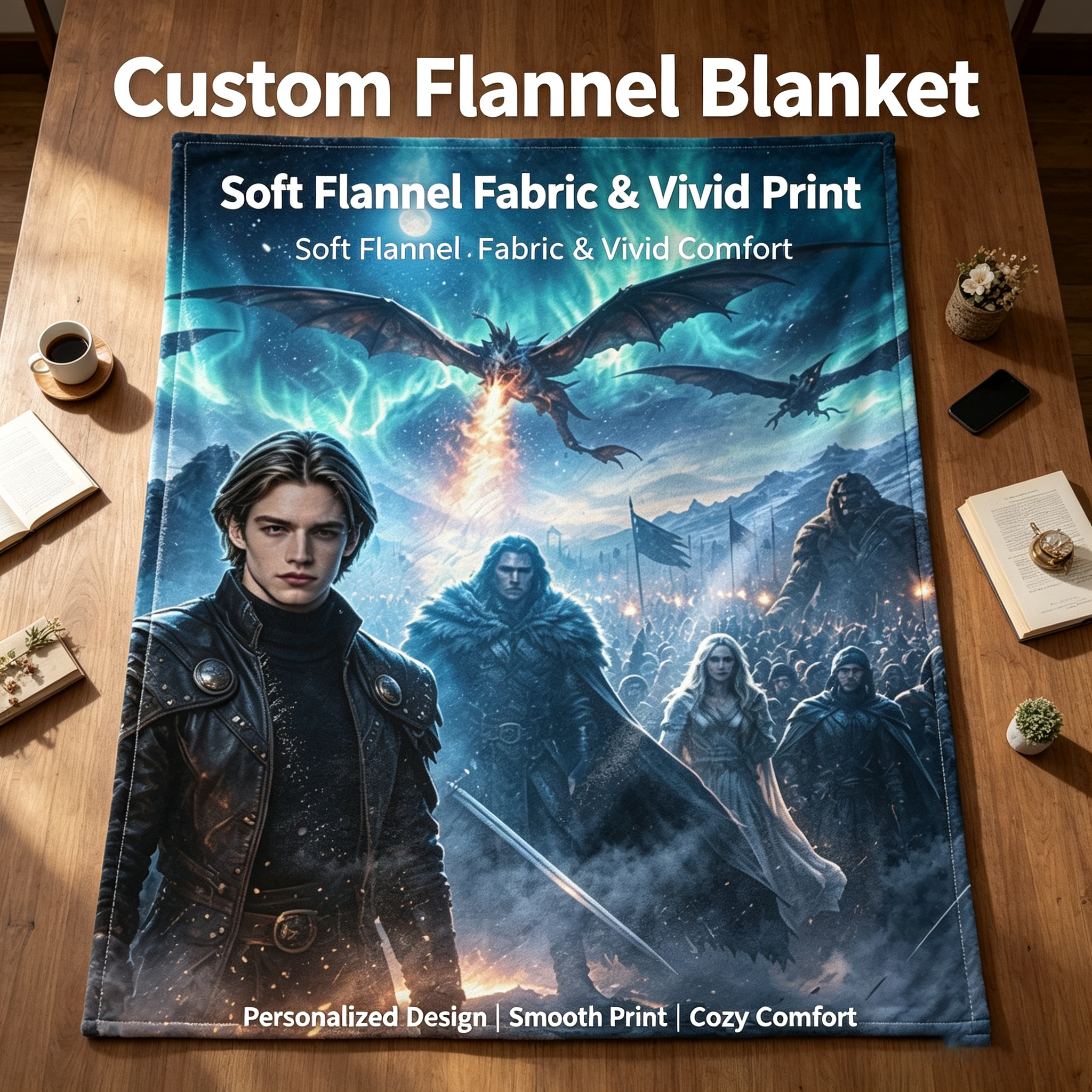 Custom Face Blanket - Epic Fantasy Warrior with Dragon Sky Scene Flannel Blanket - Cozy Bedroom Decor for Fans of Fantasy Art - Perfect Gift or Giveaway for Sci-Fi and Fantasy Enthusiasts