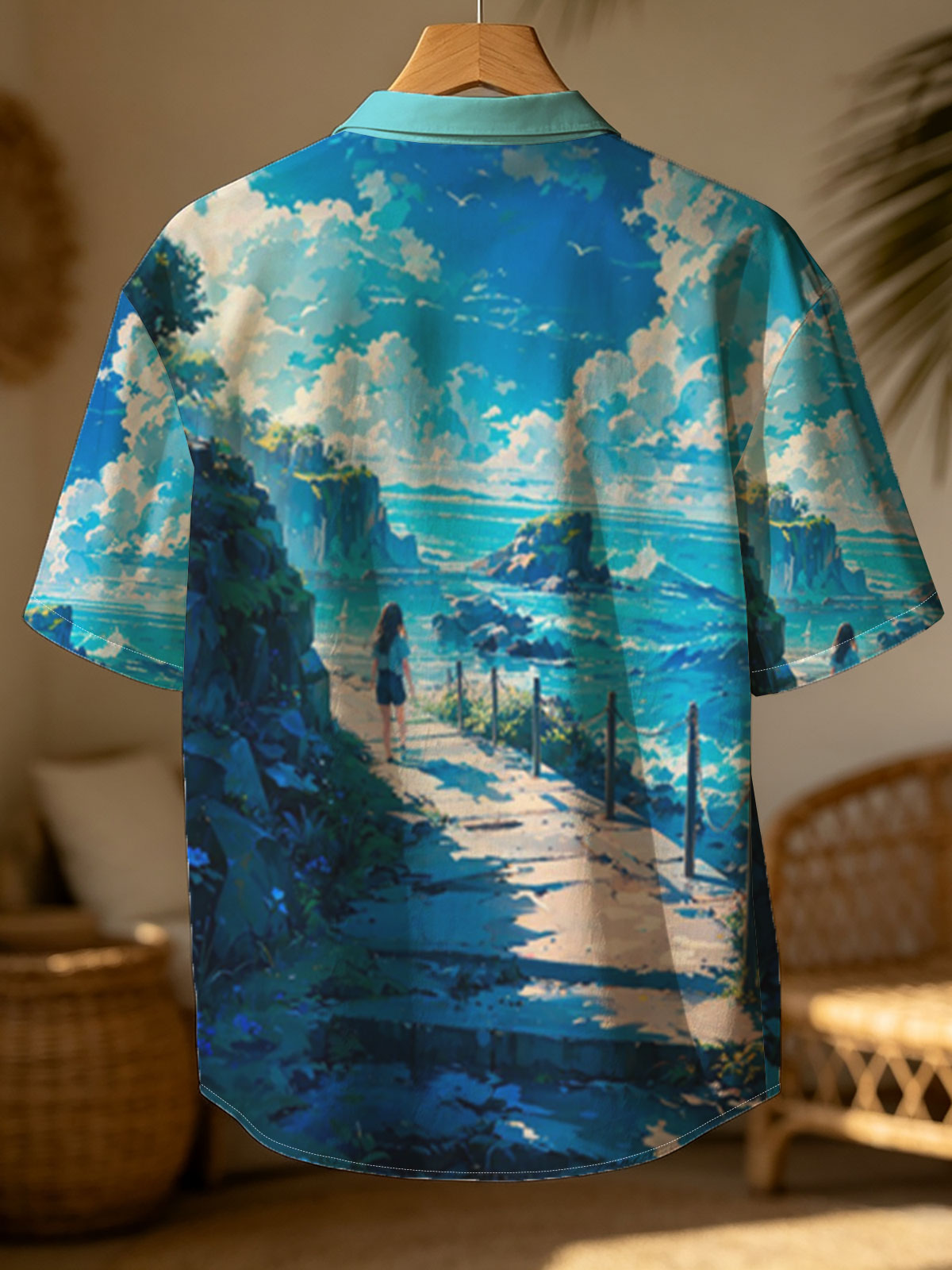 Girl walking on coastal path overlooking turquoise sea and rocky cliffs under bright blue sky -  Shirt