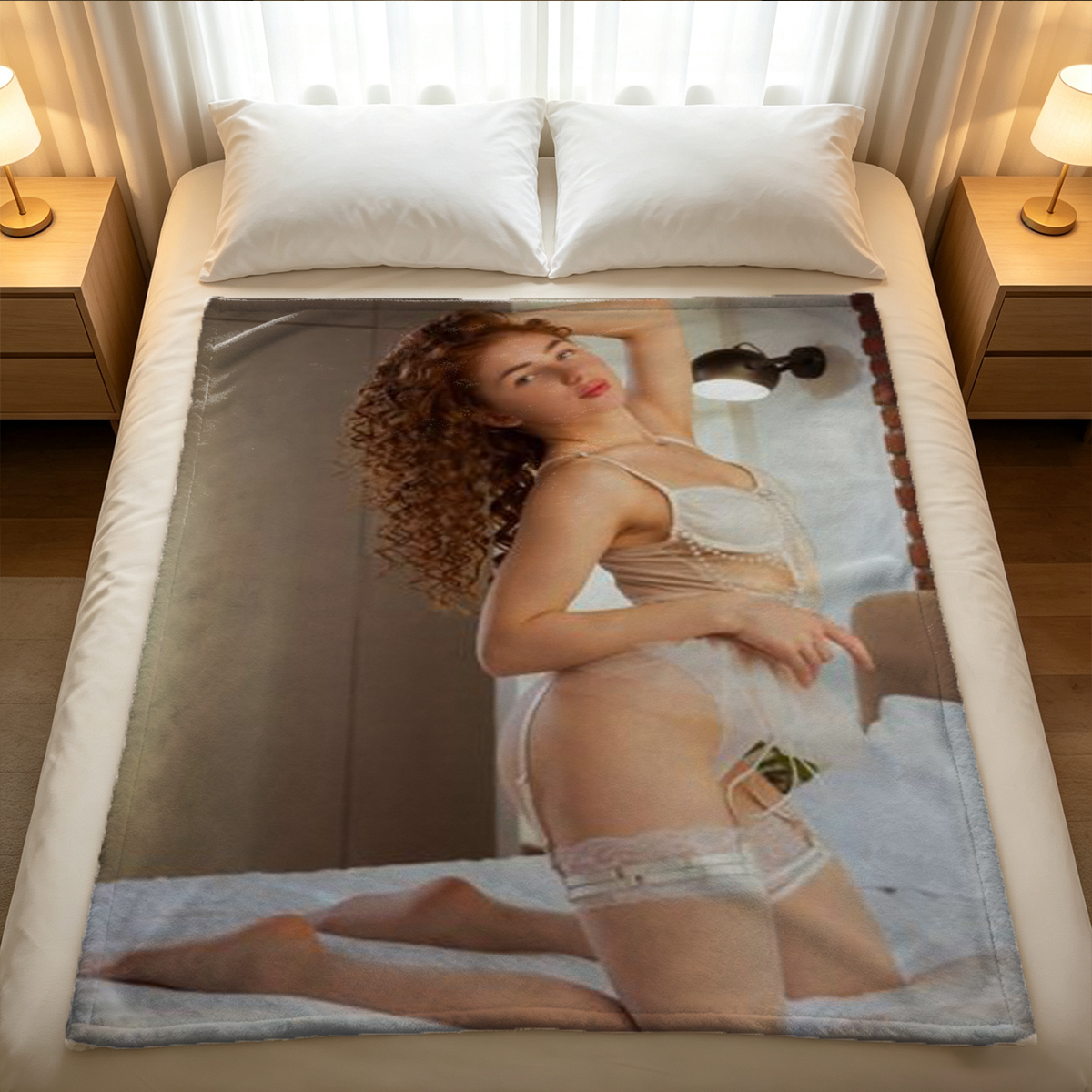 A beautiful Asian woman in sheer white lingerie and red glasses lying seductively on a sofa. - Blanket
