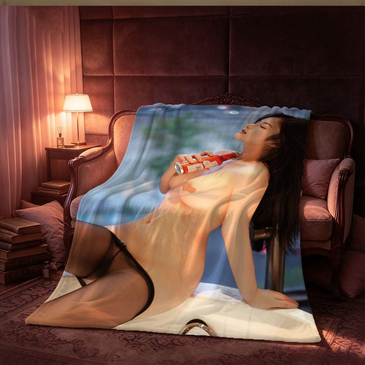 Elegant Woman in Brown Leather Bondage Harness and Gag Pose - Blanket