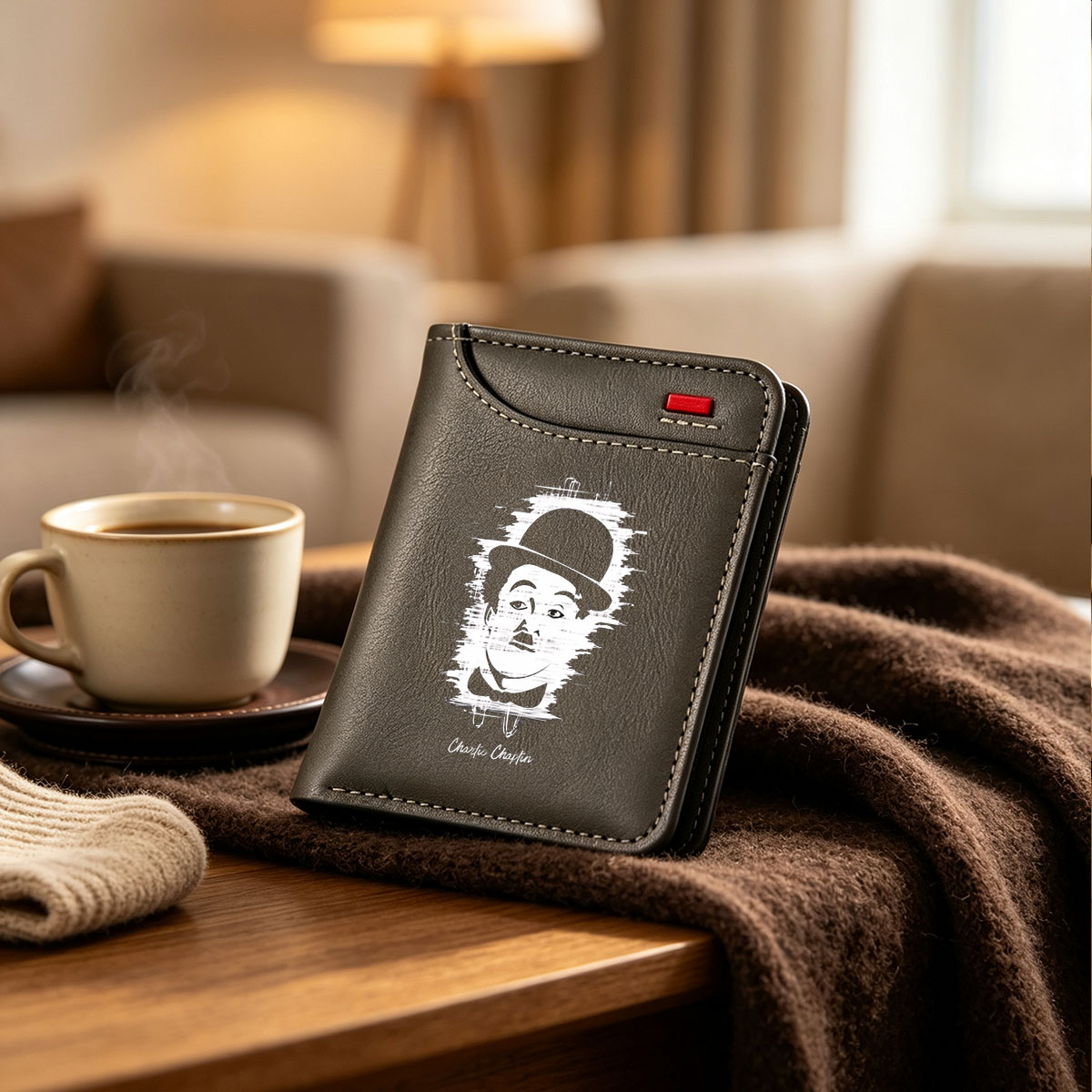 Charlie Chaplin in Classic Bowler Hat and Mustache Portrait - Vertical Style Wallet
