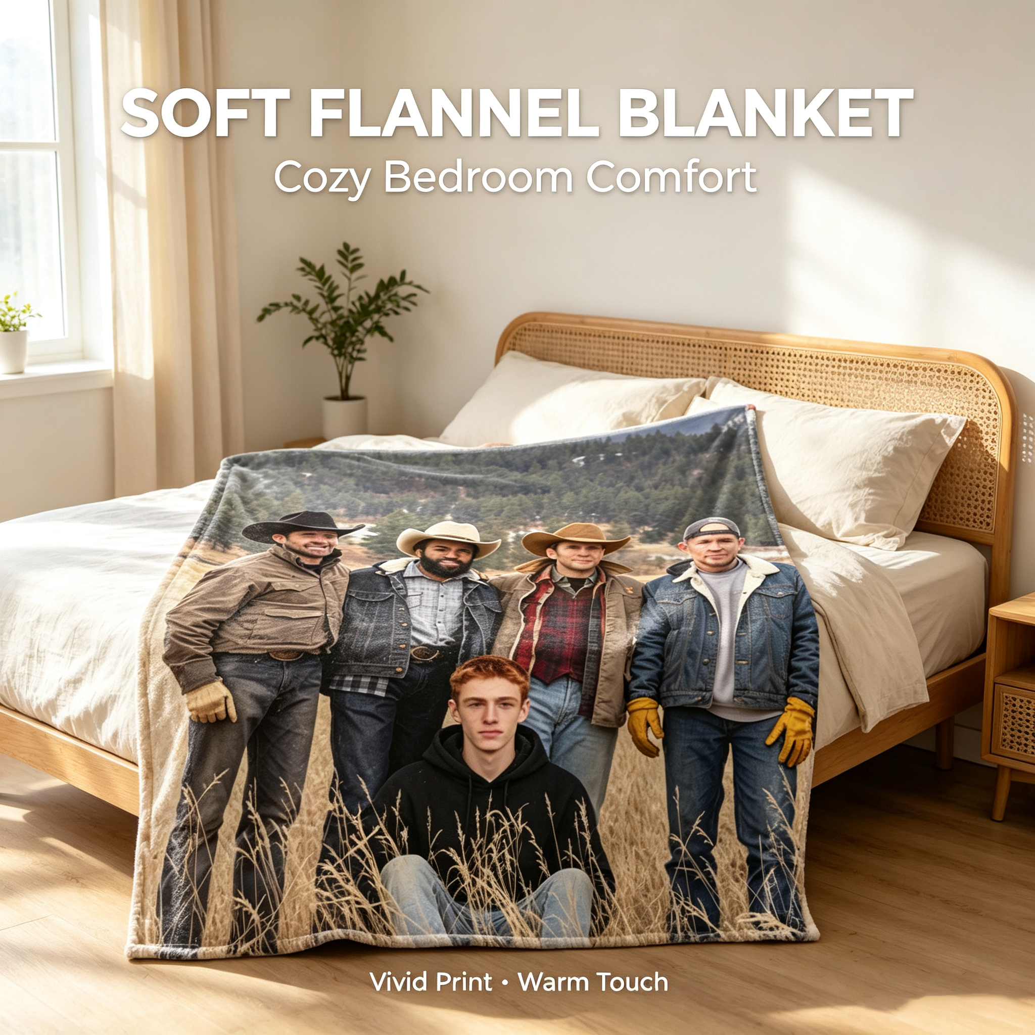 Custom Face Blanket Featuring Five Men in Cowboy Hats and Ranch Attire Standing in a Mountain Field with One Sitting in Front – Flannel Blanket for Cozy Outdoor Adventures, Perfect Gift or Giveaway for Western Enthusiasts