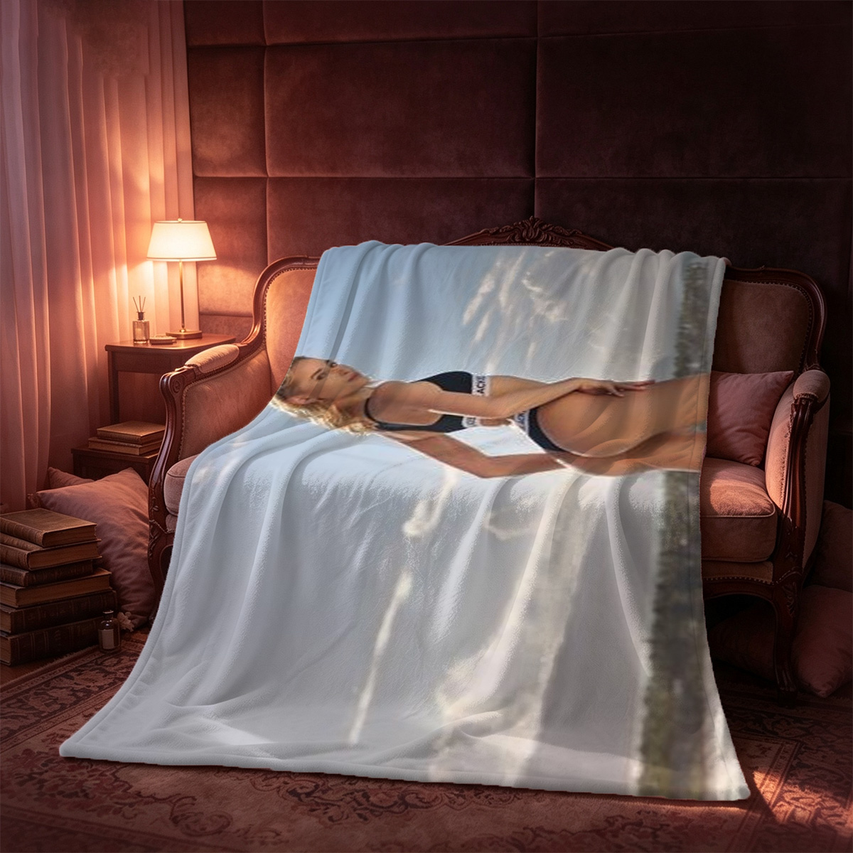 A young East Asian woman in a white floral tank top and white panties, sitting on a patterned couch. - Blanket