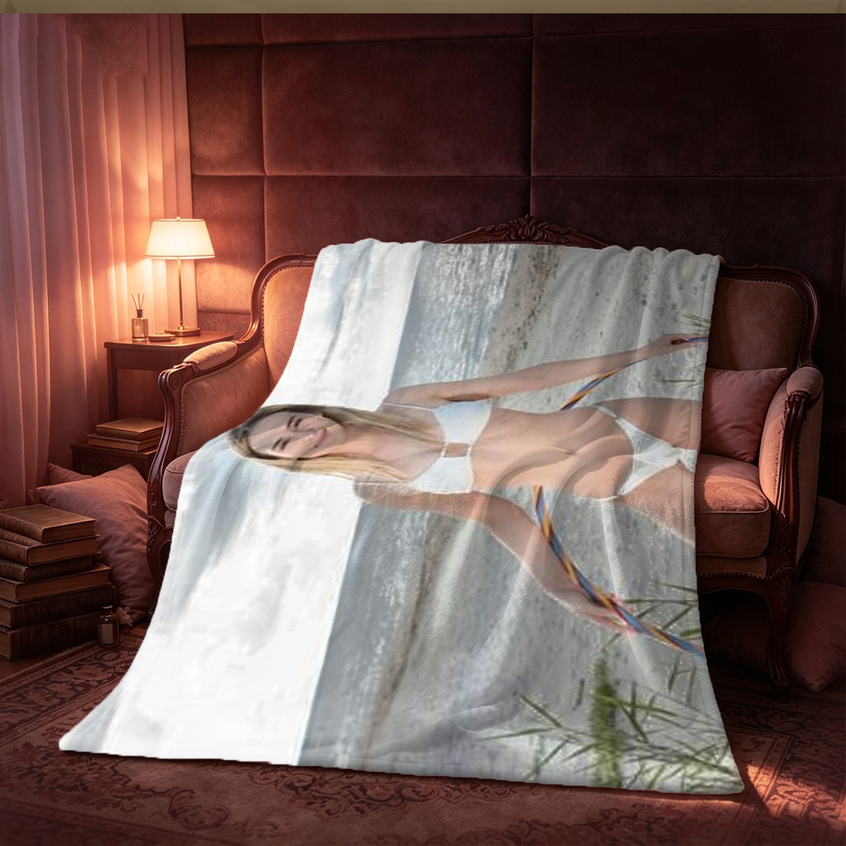 Blonde Secretary in Black Dress Kneeling at Boss's Feet on Cowhide Rug - Blanket