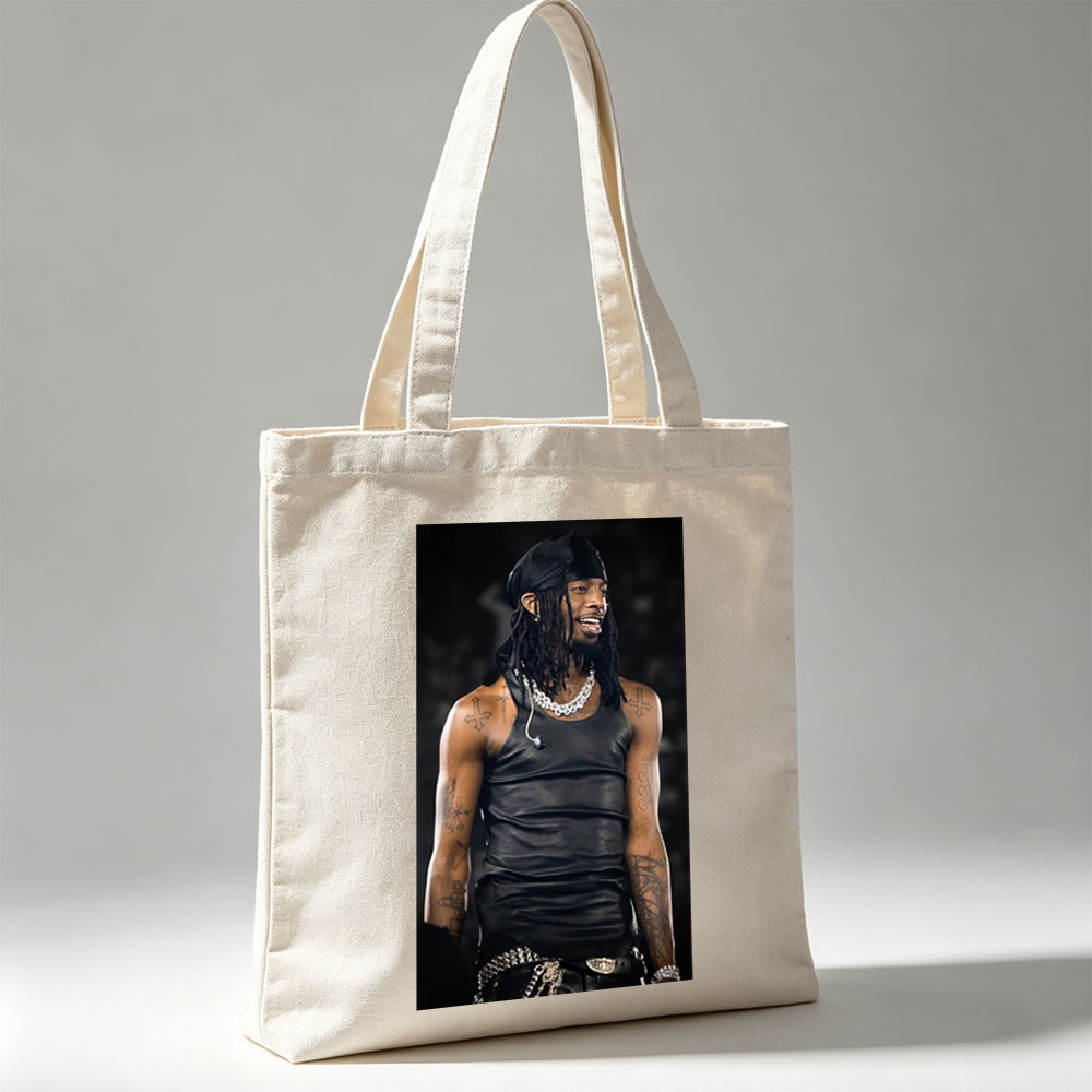 Lil Wayne on Stage Wearing Black Leather Tank Top and Headwrap with Visible Tattoos and Jewelry - Canvas tote bags