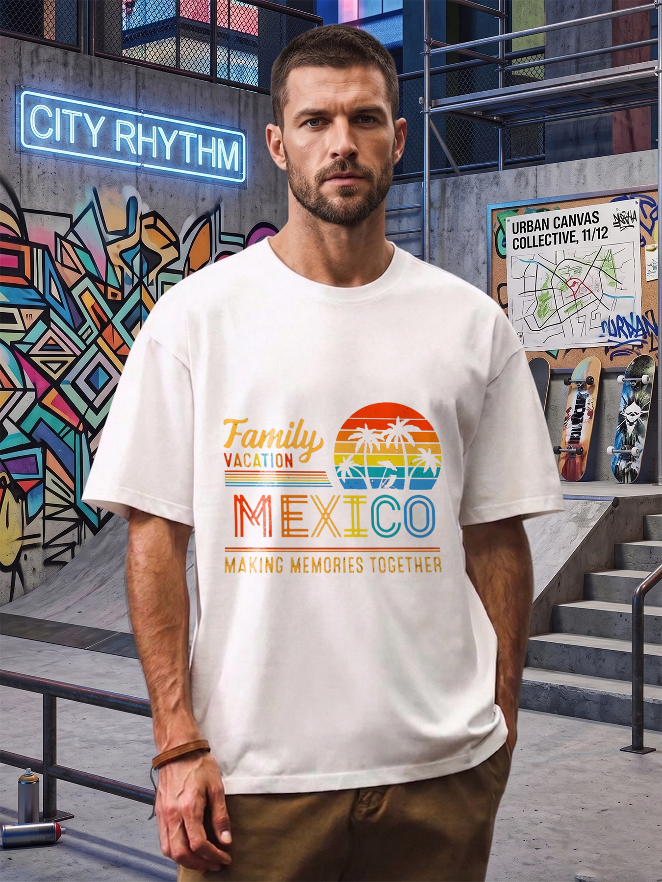 Men's Printed T-Shirt Family Vacation Mexico Palm Tree Sunset Design Casual Round Neck Lightweight Breathable Summer Short Sleeve T-Shirt for Beach Travel Holidays Adults