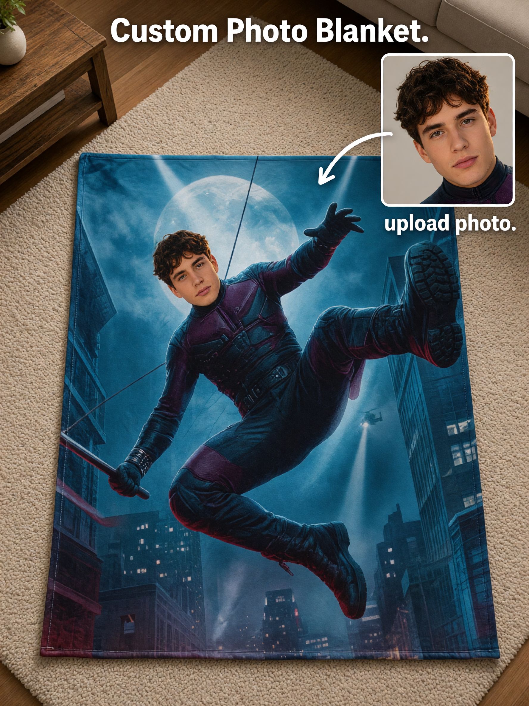 Custom Face Photo Superhero Flannel Fleece Blanket Cozy Personalized Action Hero Throw for Kids and Adults Gift