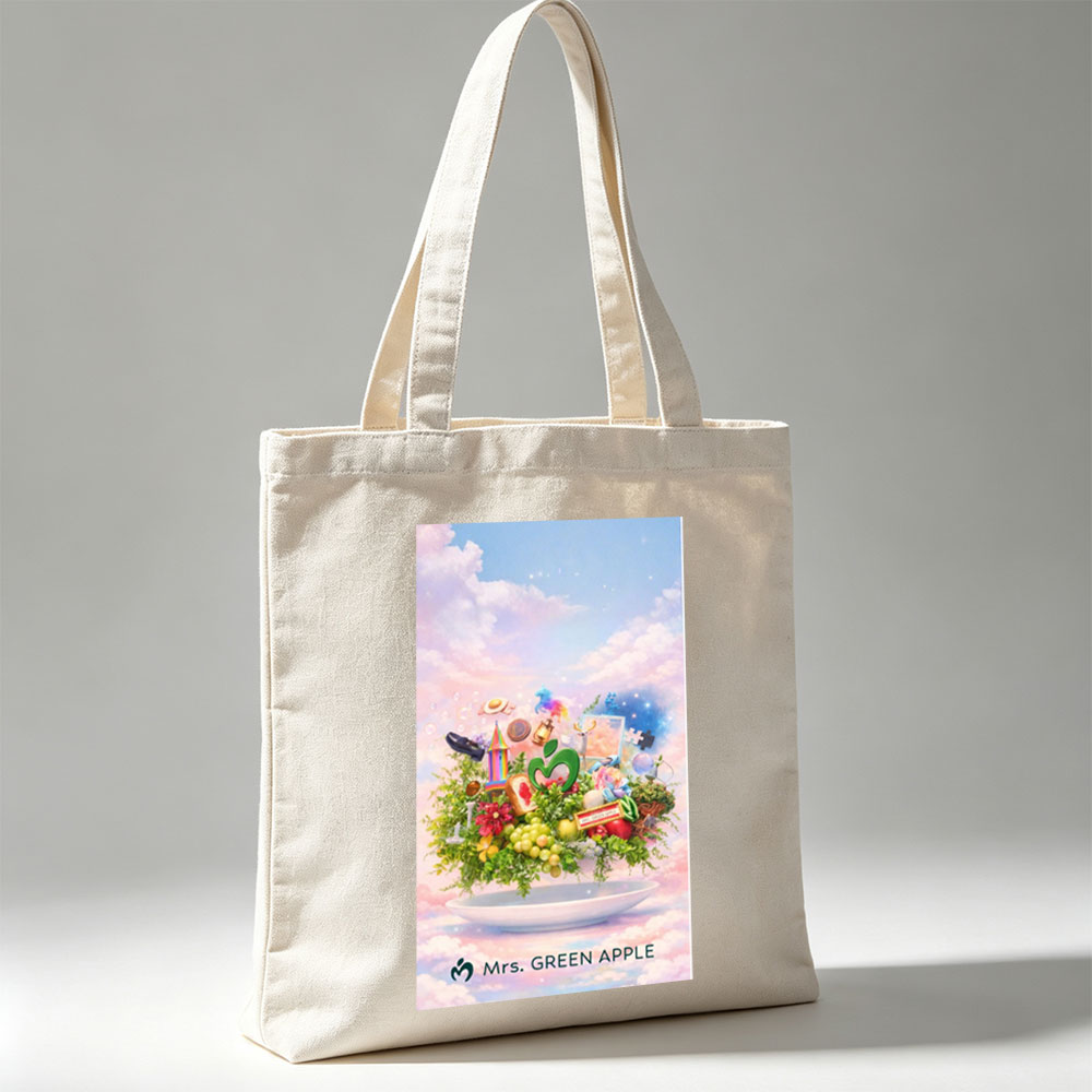 Mrs. GREEN APPLE Fantasy Garden Scene with Colorful Objects and Nature Elements on a Plate - Canvas tote bags