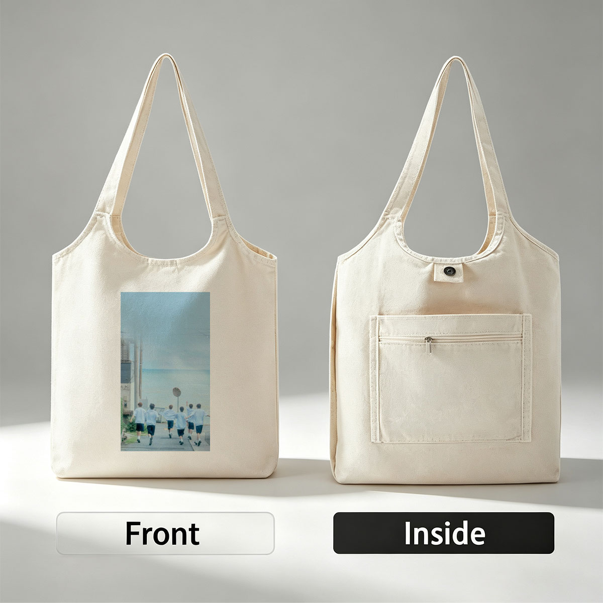 SEVENTEEN Running Toward the Ocean in Light Blue Shirts and Black Shorts - Canvas shoulder bags/