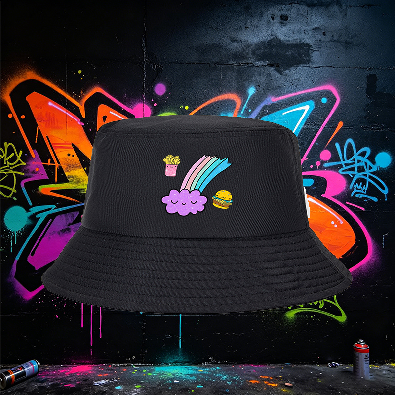 Unisex Bucket Hat with Cute Food Rainbow Print - Kawaii Fast Food Design, Sparkly Cloud and Burger Pattern - Classic Adjustable Sun Hat for Outdoor Activities, Beach, Travel, and Casual Wear - Perfect for Teens, Youth, and Trendy Adults