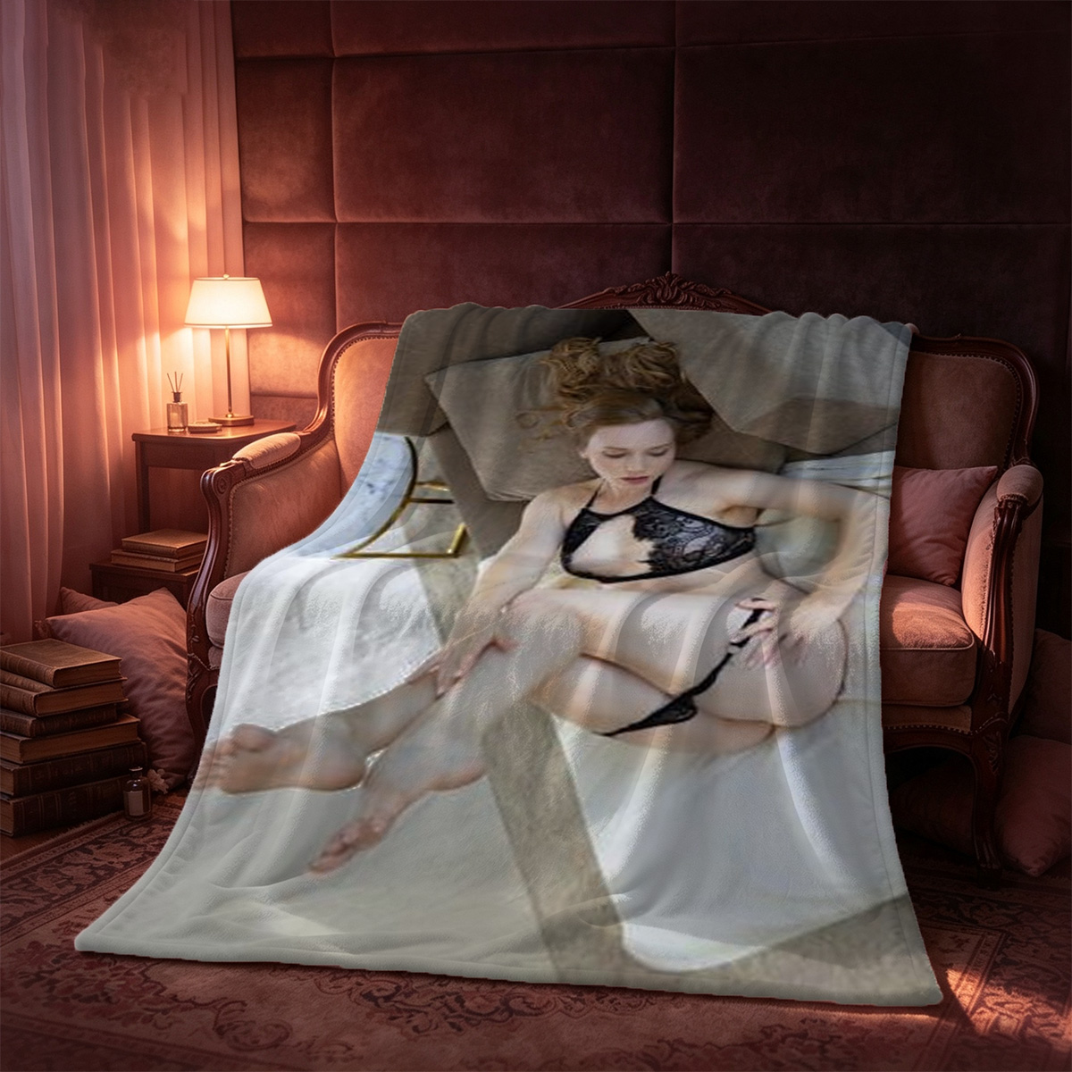 Nude Brunette Smiling on Bed in Purple Blanket - Blanket