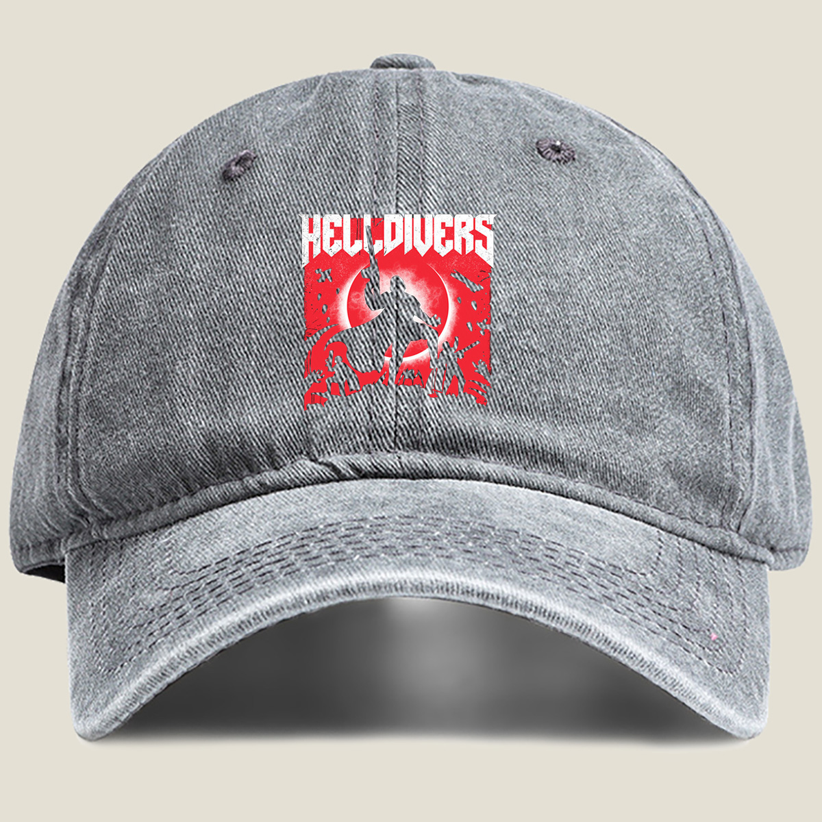 Helldivers: Silhouetted Warriors Against a Crimson Sky - Washed Denim - Baseball Cap