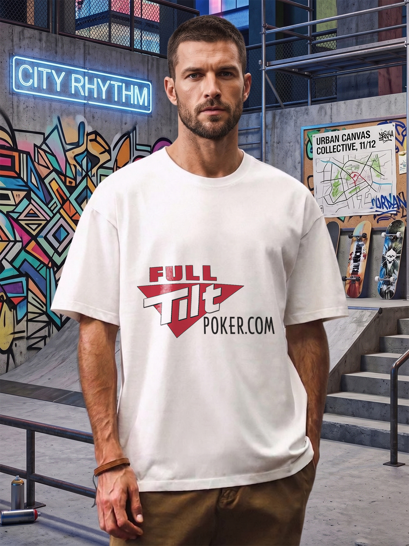 Men's Full Tilt Poker Logo Print T-Shirt Casual Round Neck Summer Lightweight Breathable Short Sleeve Tee for Poker Enthusiasts and Gaming Fans