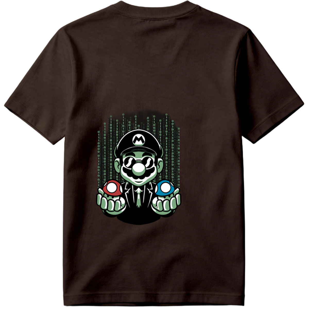 Mario in Matrix Code with Red and Blue Mushrooms - Tee