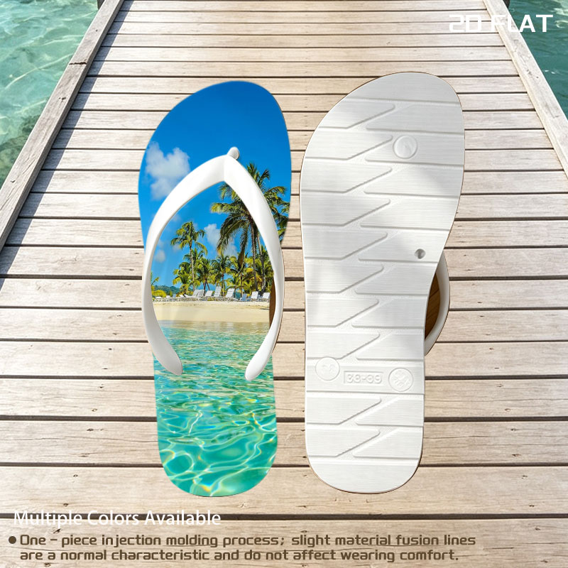 Crystal clear waters meet sandy beach with palm trees and lounge chairs under a bright blue sky. -  flip-flops