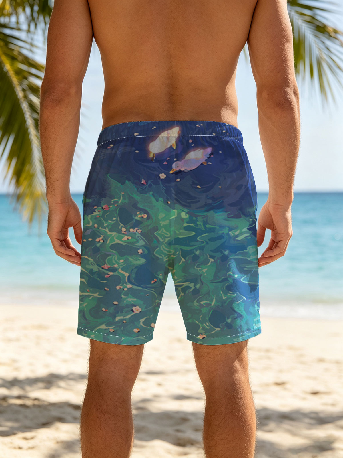 Ducks floating on a vibrant blue pond with scattered petals -  Beach shorts