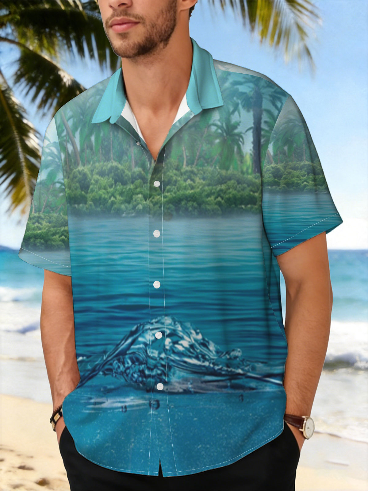 Sunlit Tropical Waters with Palm Trees and Underwater View -  Shirt