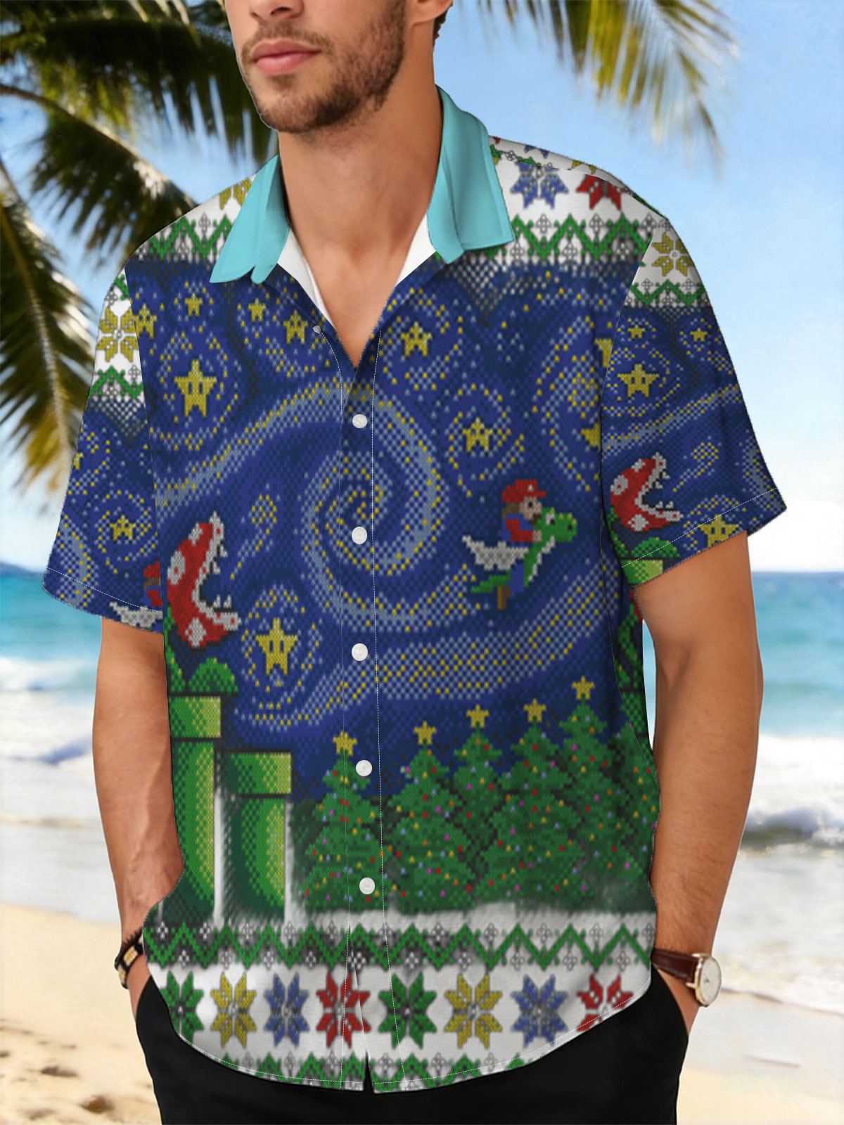Mario and Yoshi in Starry Night with Bowser and Pipe Scene -  Shirt