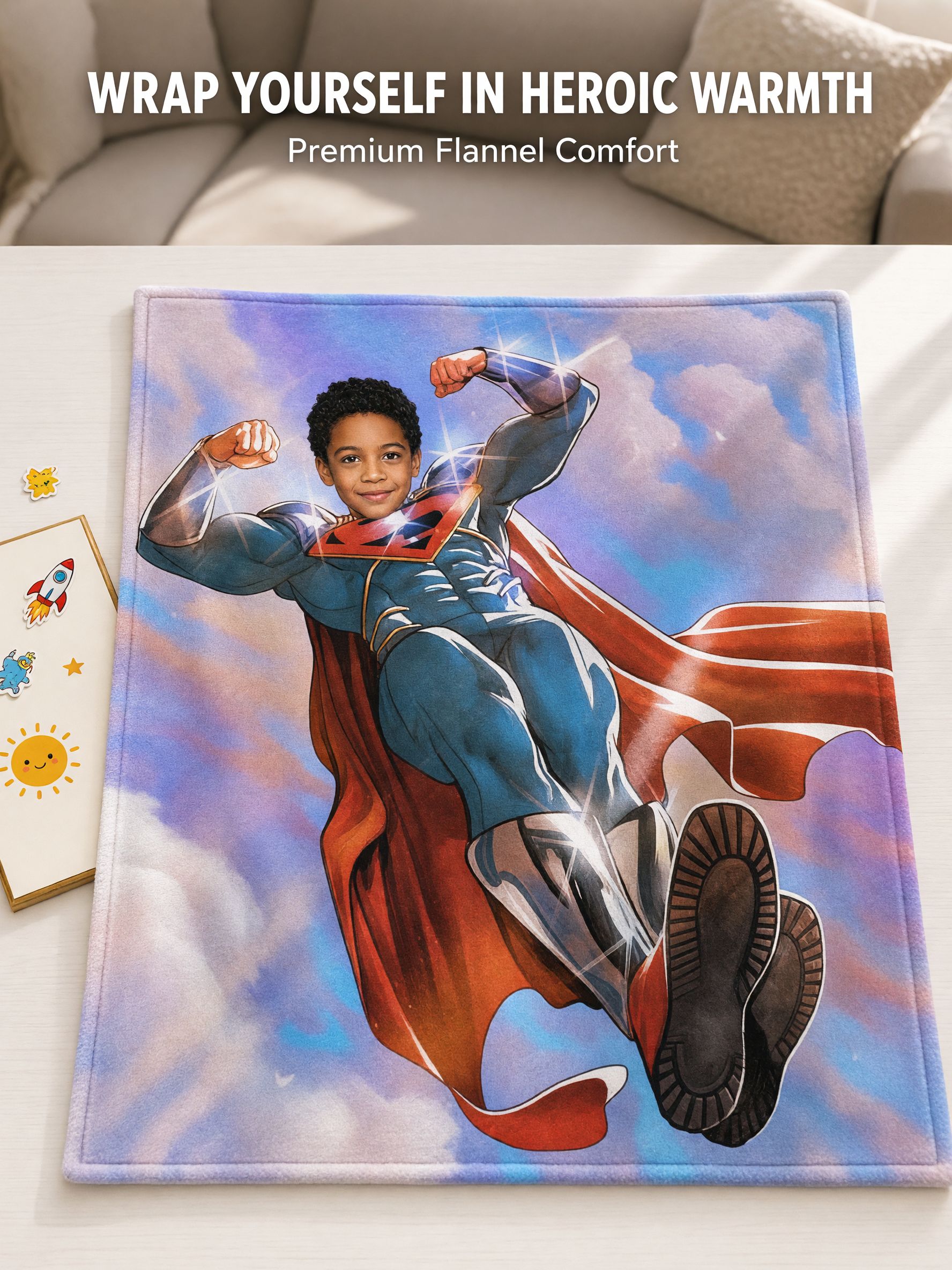 Custom Superhero Face Photo Blanket Personalized Flannel Fleece Throw Soft Anti-Pilling Keepsake Gift for Kids Boys