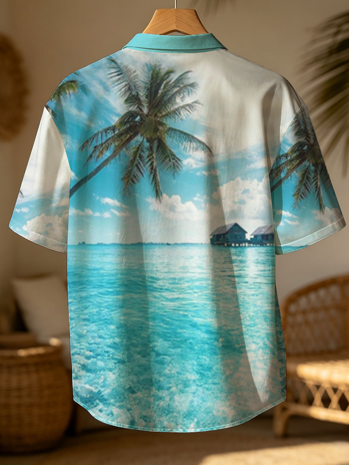 Tropical paradise with palm trees and overwater bungalows in crystal clear blue waters. -  Shirt
